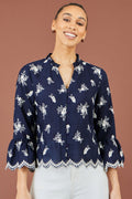 Yumi Navy Broderie Shirt With Fluted Sleeves