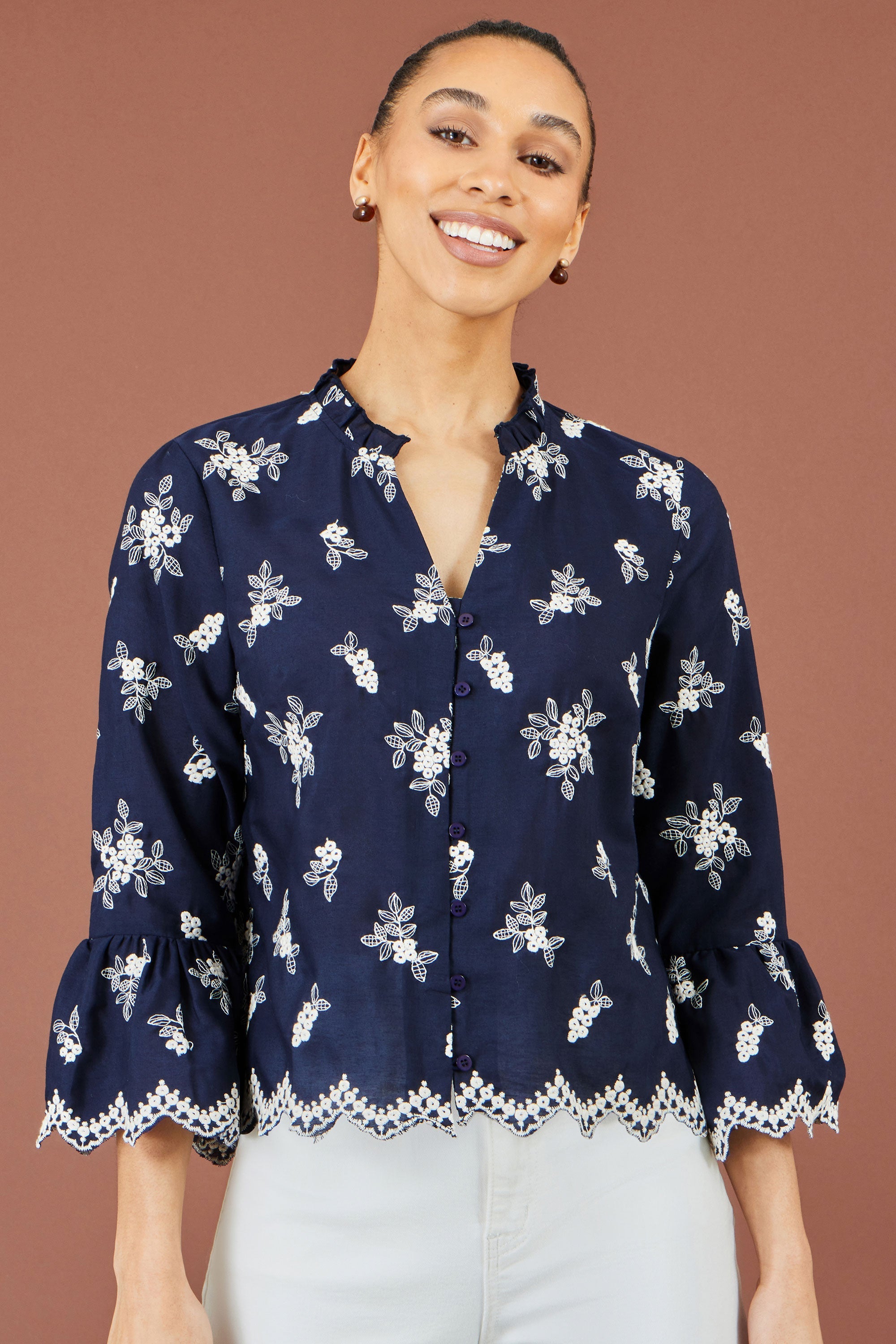 Yumi Navy Broderie Shirt With Fluted Sleeves
