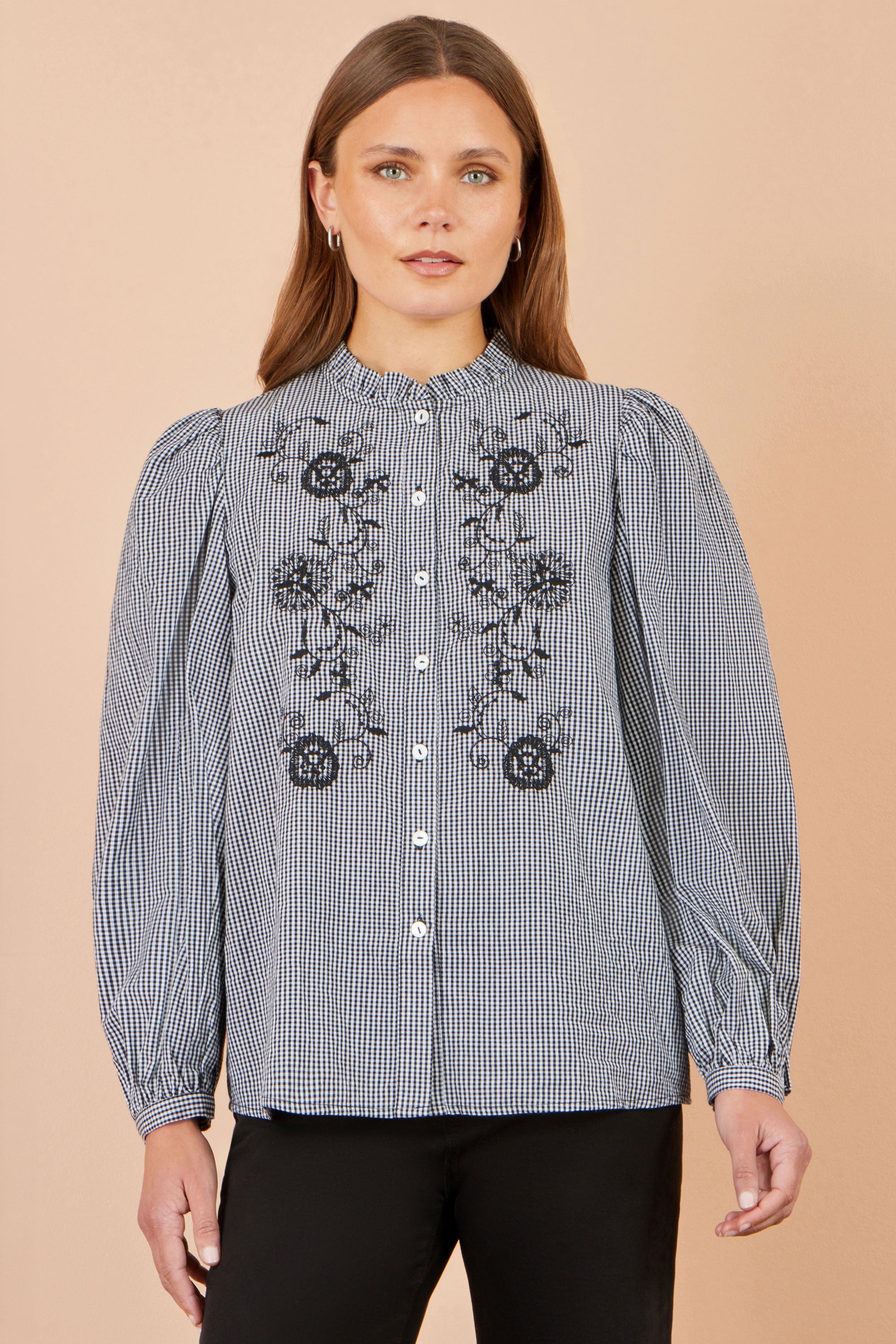 Yumi Black Cotton Gingham Embroidered Shirt