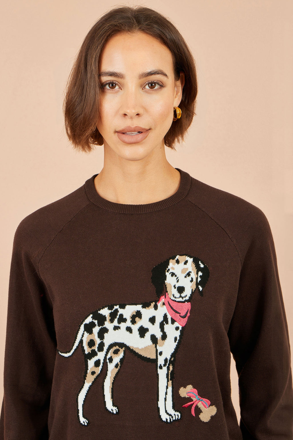 Yumi Brown Dalmatian Intarsia Relaxed Jumper