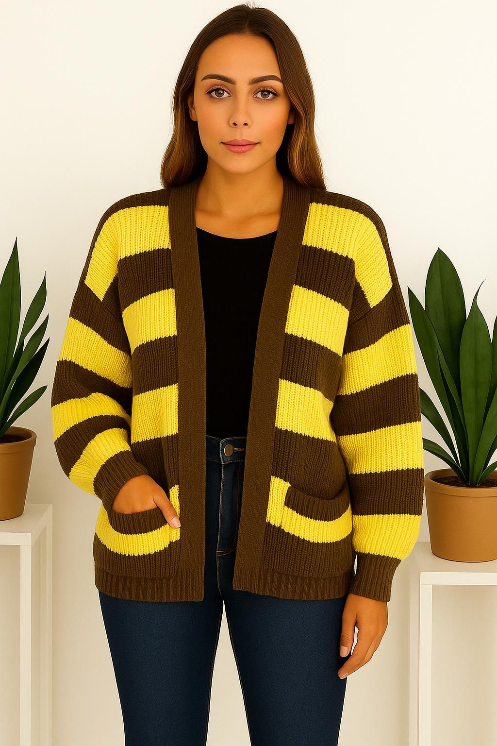 Knitted Stripped Balloon Sleeve Cropped Cardigan