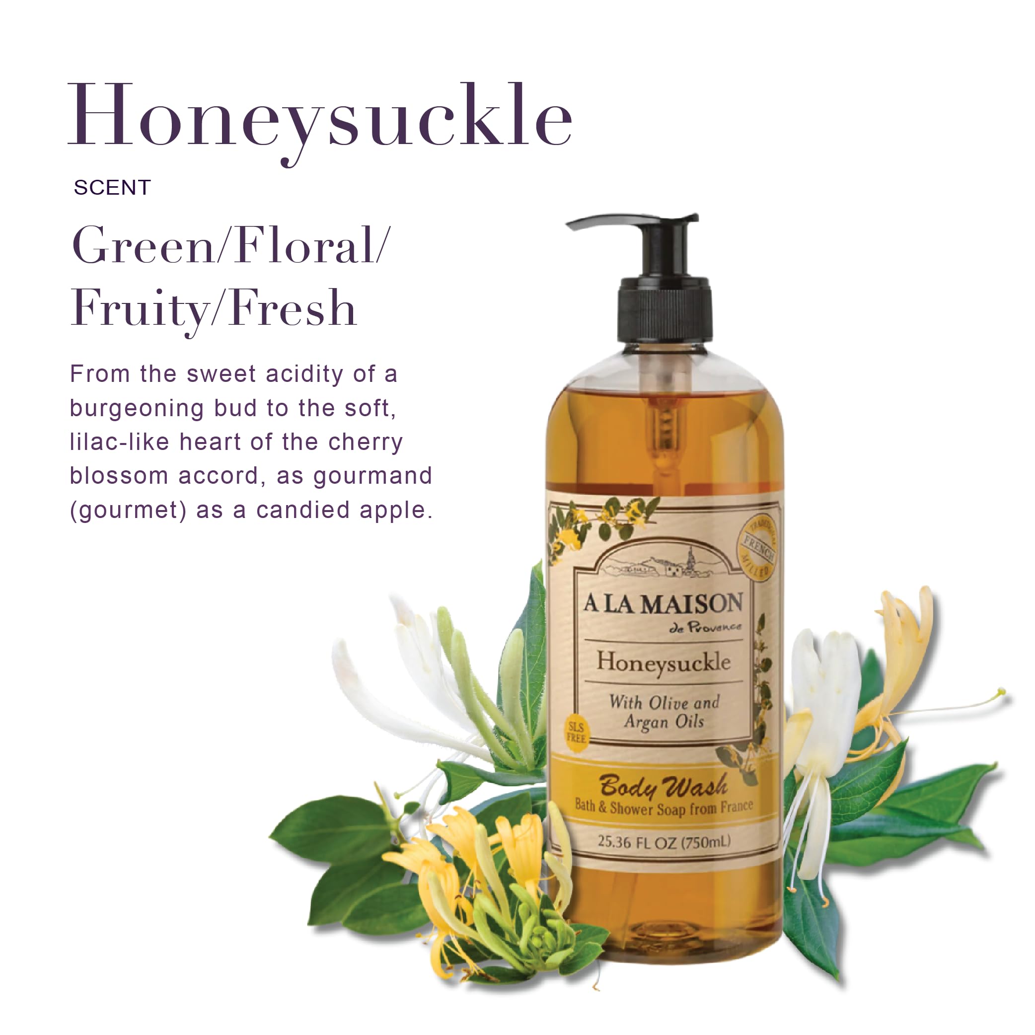 A LA MAISON Hydrating Body Wash Honeysuckle – Plant-Based, Vegan, Cruelty-Free (25.36 oz, 2 Pack)