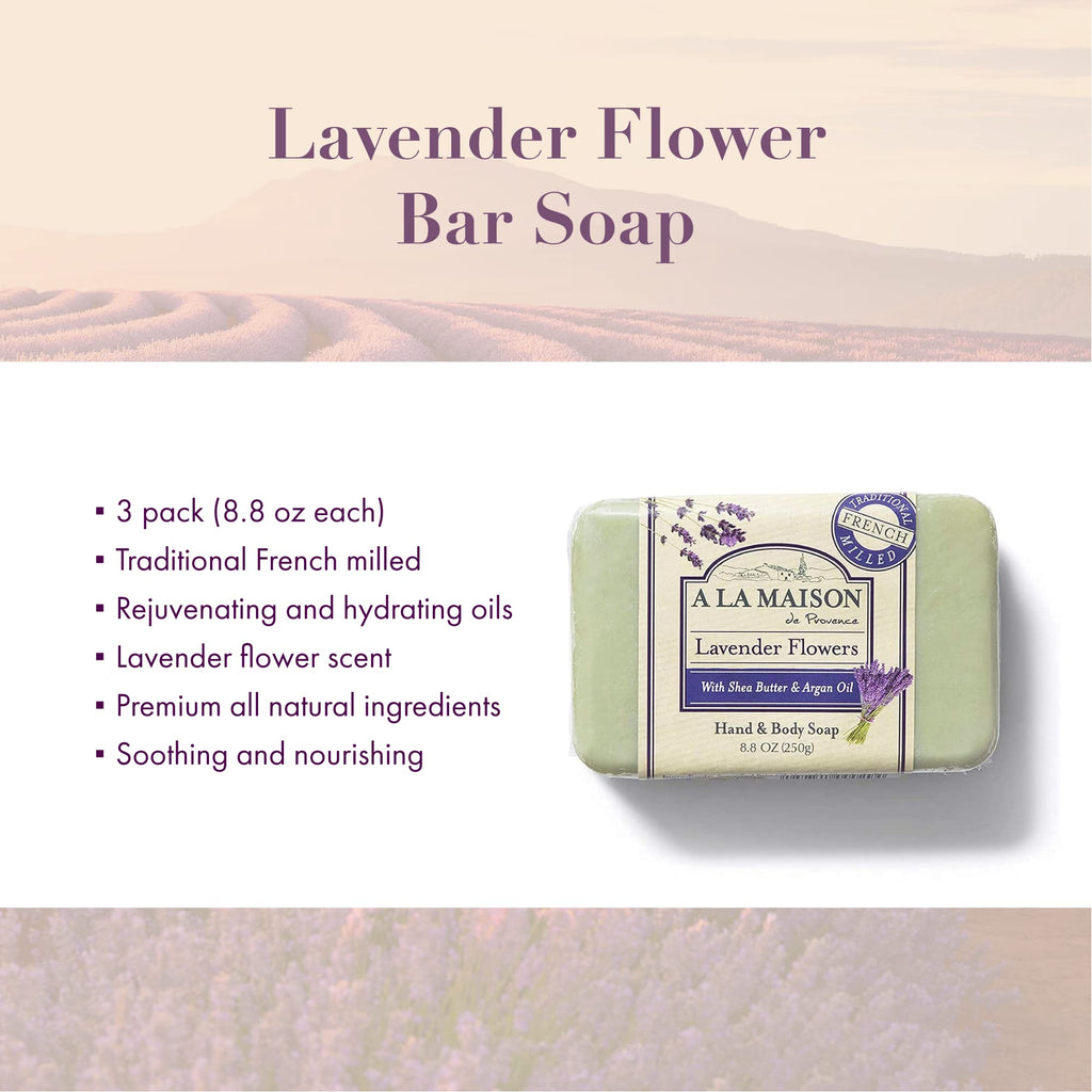 A LA MAISON Lavender Flower Bar Soap — Triple Milled French Hand Soap, 3 Bars (8.8 oz total)