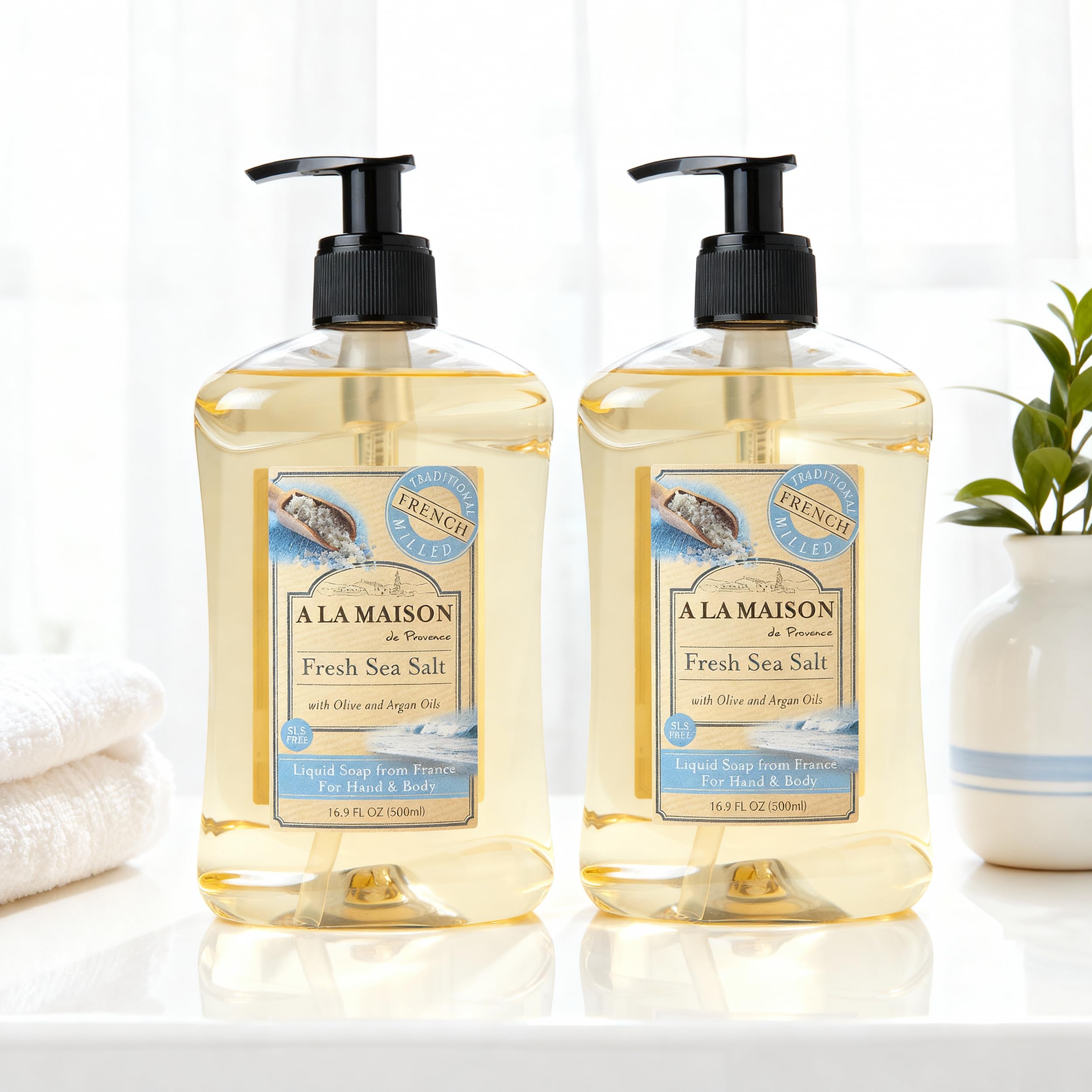 A LA MAISON Provence Fresh Sea Salt Liquid Hand & Body Soap – Pack of 2, 16.9 fl oz Each