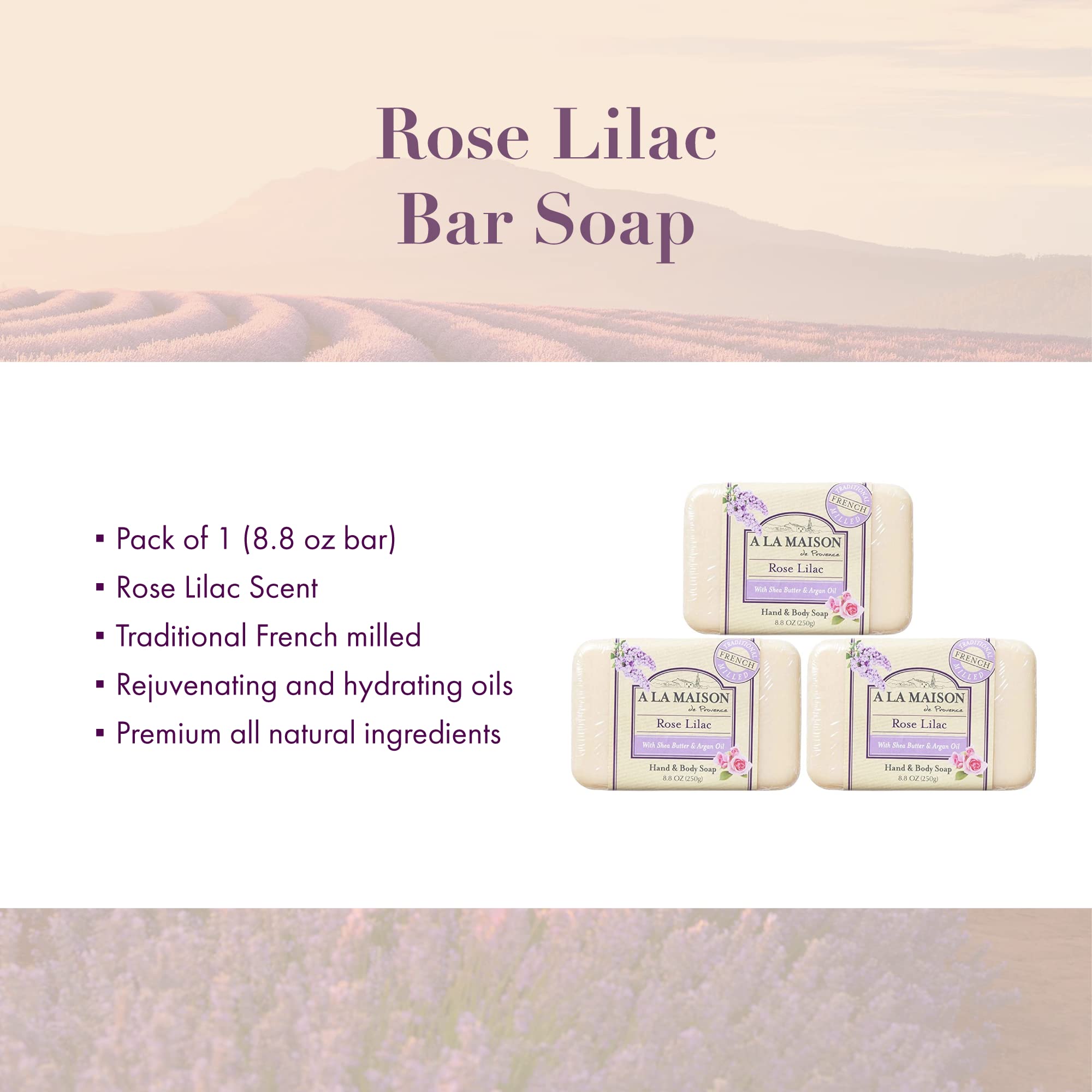 A LA MAISON Rose Lilac Bar Soap – Triple French Milled Natural Hand Soap (8.8 oz)