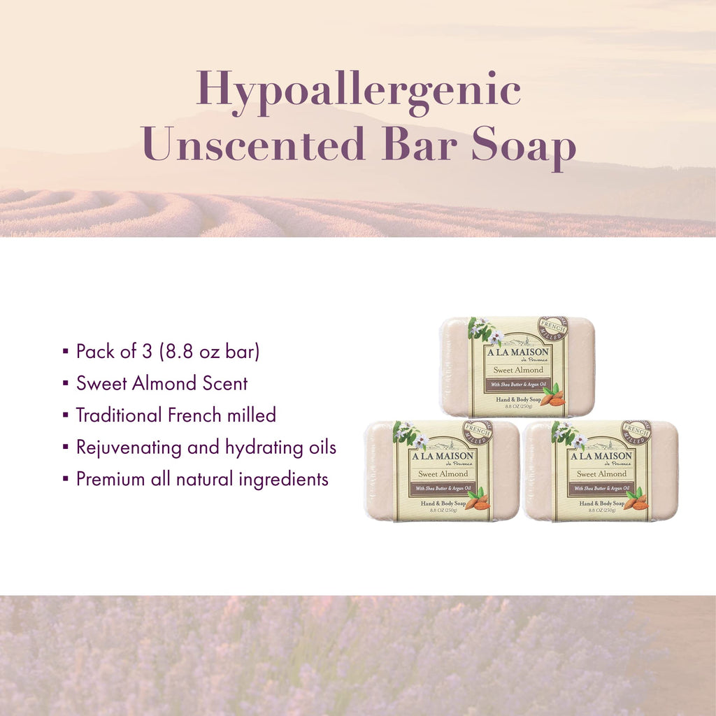 A LA MAISON Triple French Milled Bar Soap – Sweet Almond, 8.8 oz (3 Bars)