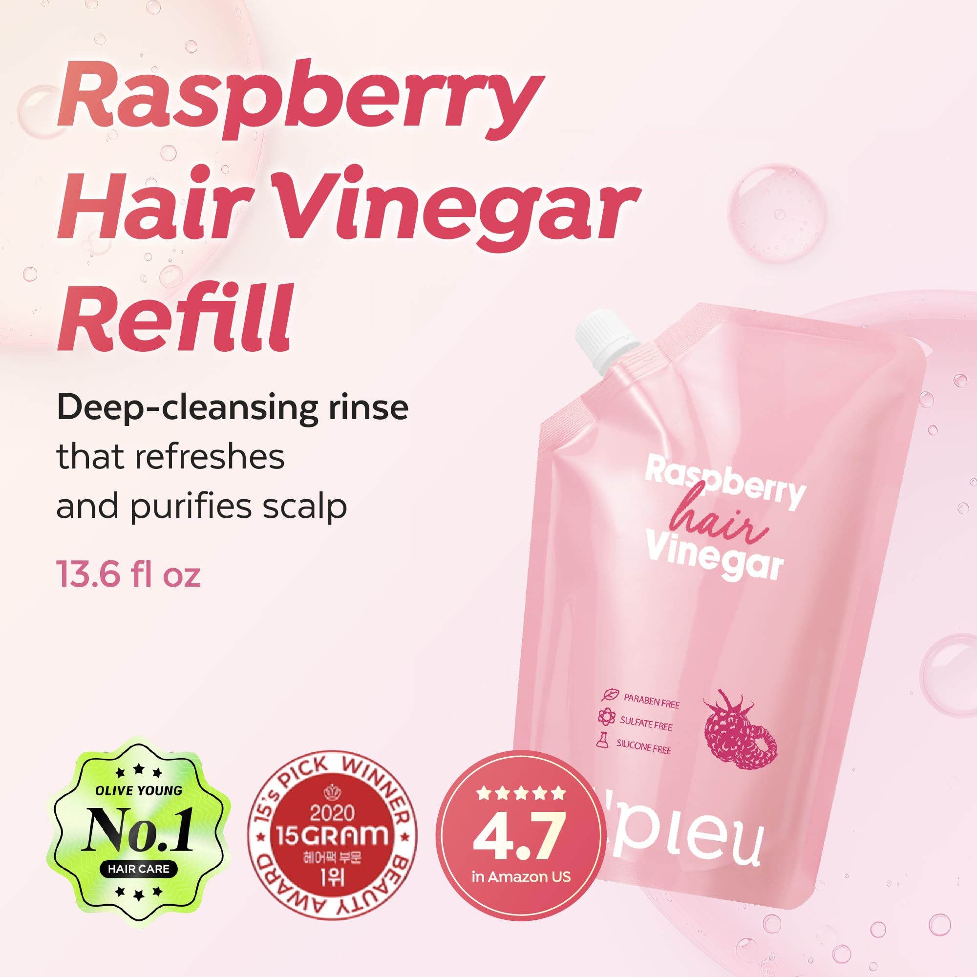 A'PIEU Raspberry Hair Vinegar Refill — Deep Scalp Detox and pH-Balanced Rinse for Oily Hair
