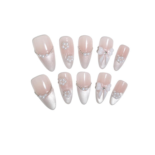 10-Piece Nude Gradient Cat’s Eye Press-On Nails with Pearl Bow & Rhinestones – Almond Shape (XS)