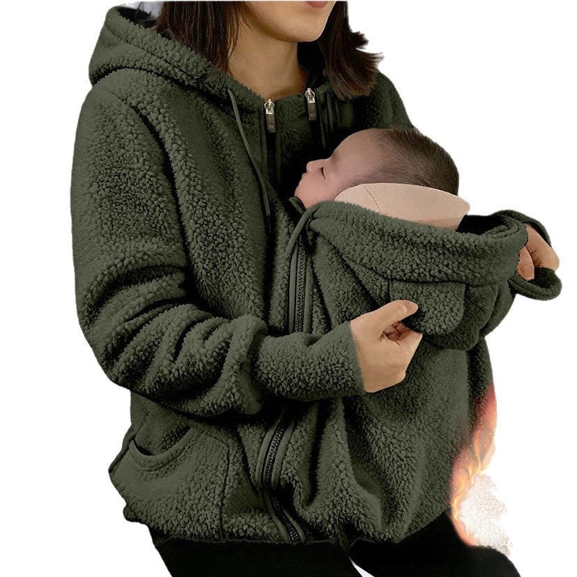 Corduroy Hooded Sweatshirt With Baby-pocket Women's Thickened Zip-up Jacket For Parent-Child Matching Outfits
