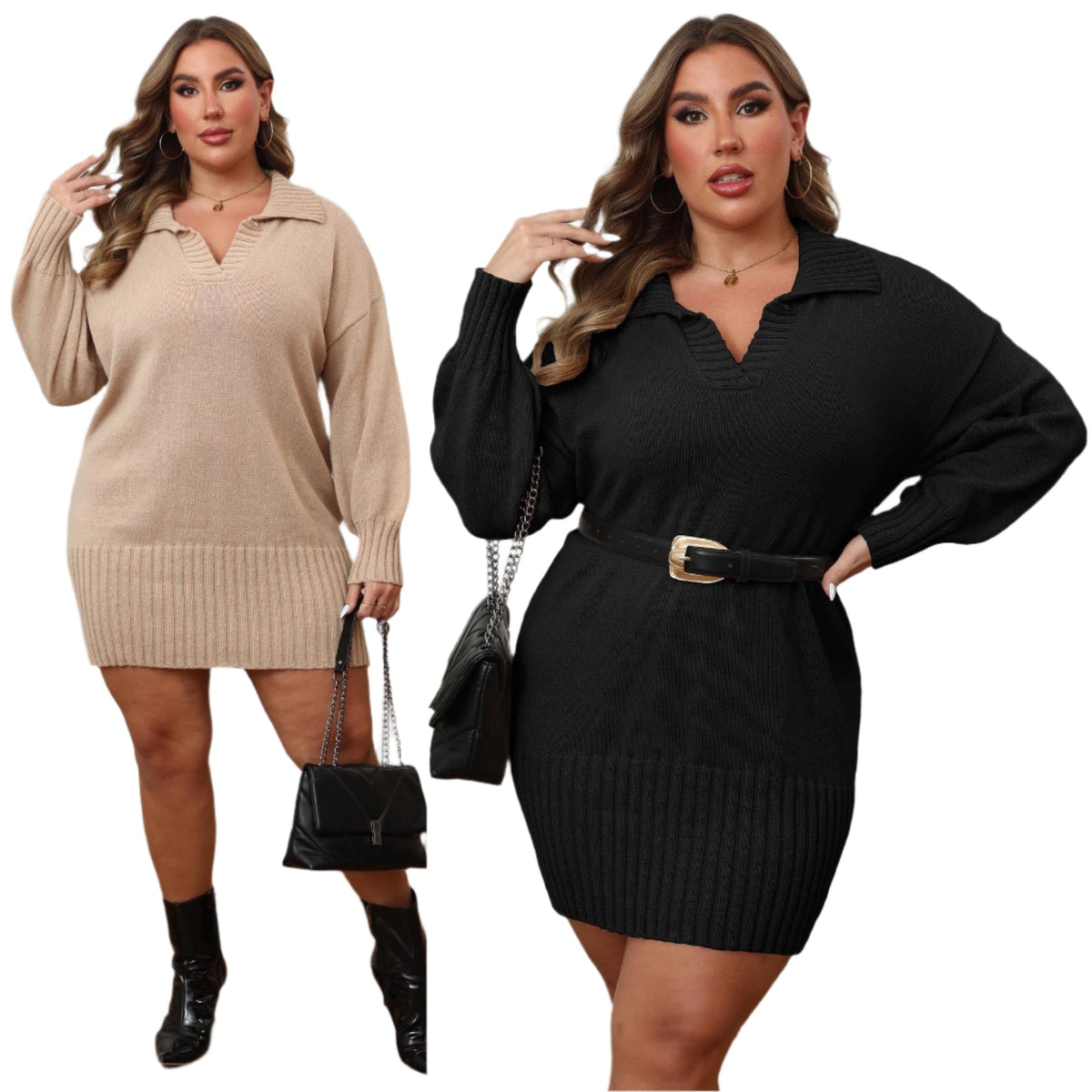Plus Size Polo Collar Sweater Dress – Body-Hugging Knit Dress for Women