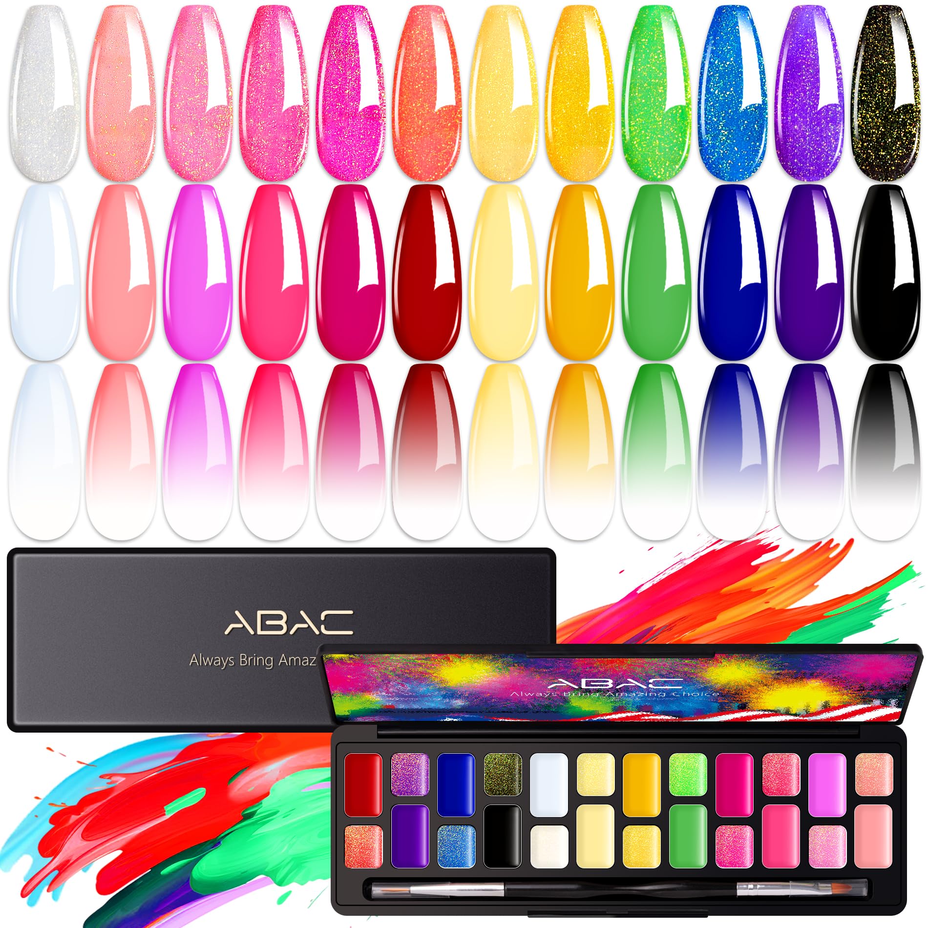 ABAC 24-Color Hema-Free Solid Gel Nail Polish Kit | Ombre & Pat Paint Gel, Neon Pink, Yellow & Midnight Shimmer