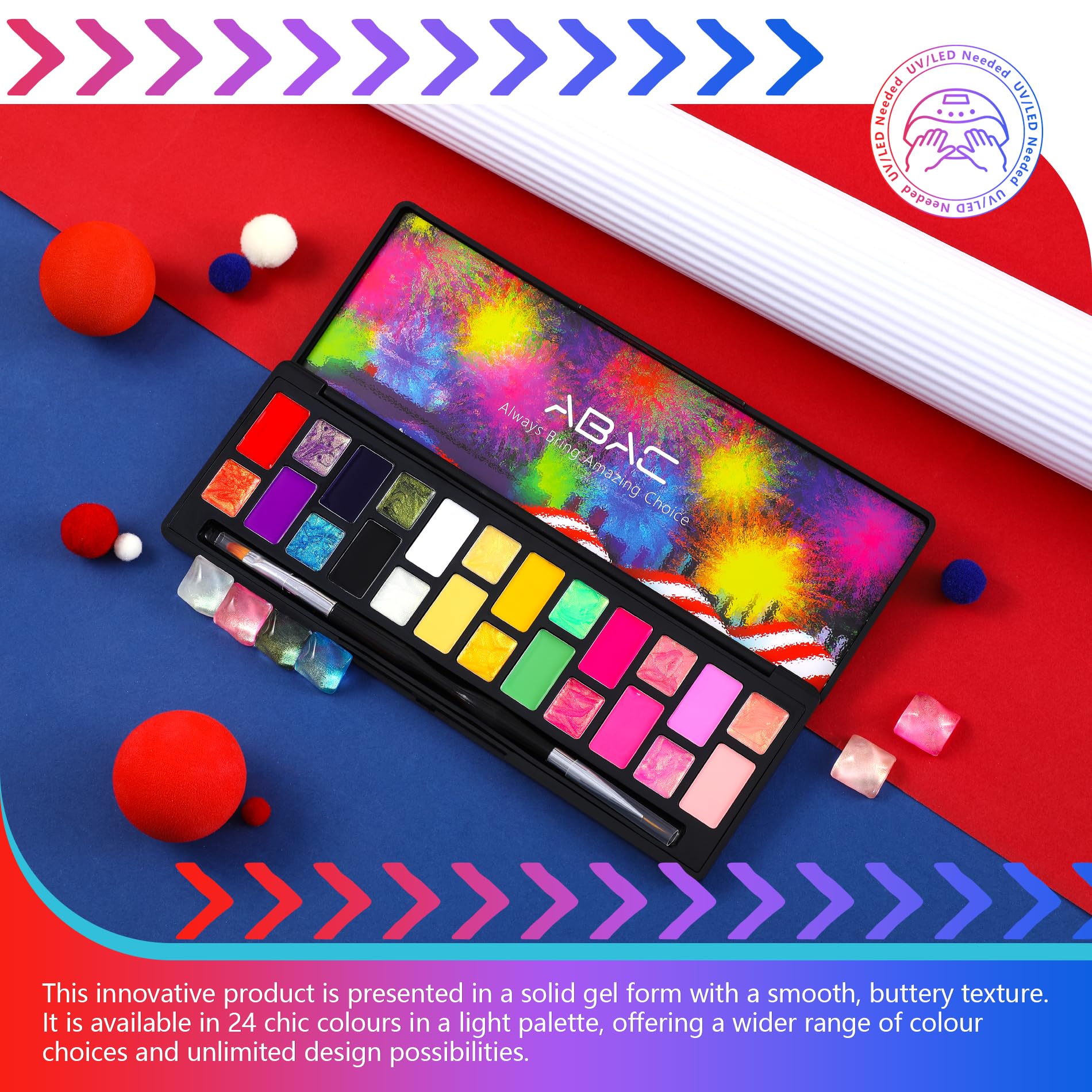 ABAC 24-Color Hema-Free Solid Gel Nail Polish Kit | Ombre & Pat Paint Gel, Neon Pink, Yellow & Midnight Shimmer
