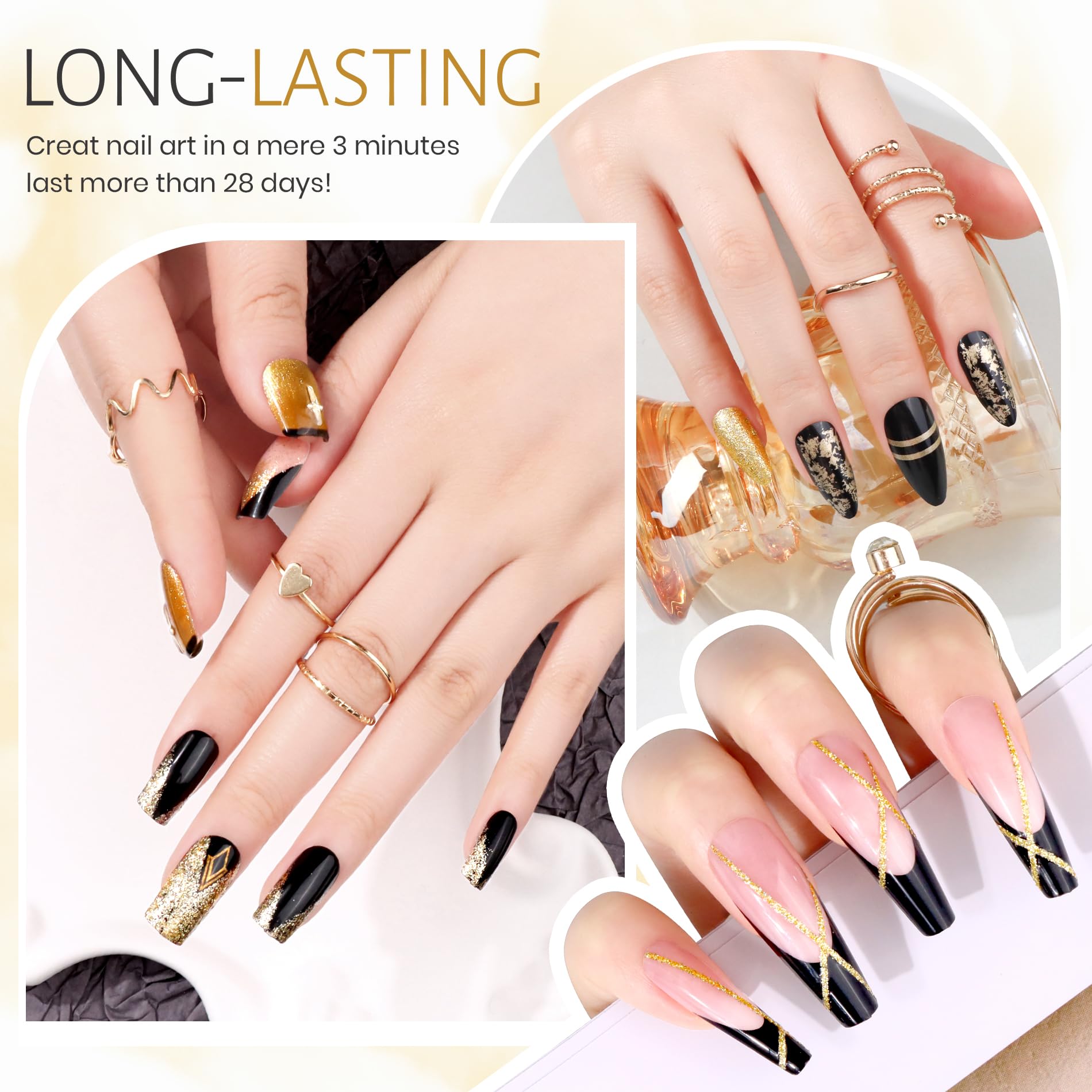 ABAC Solid Gel Nail Polish Set – Ombre Pat Painting Gel & Nail Art (Black & Glitter Dark Gold)