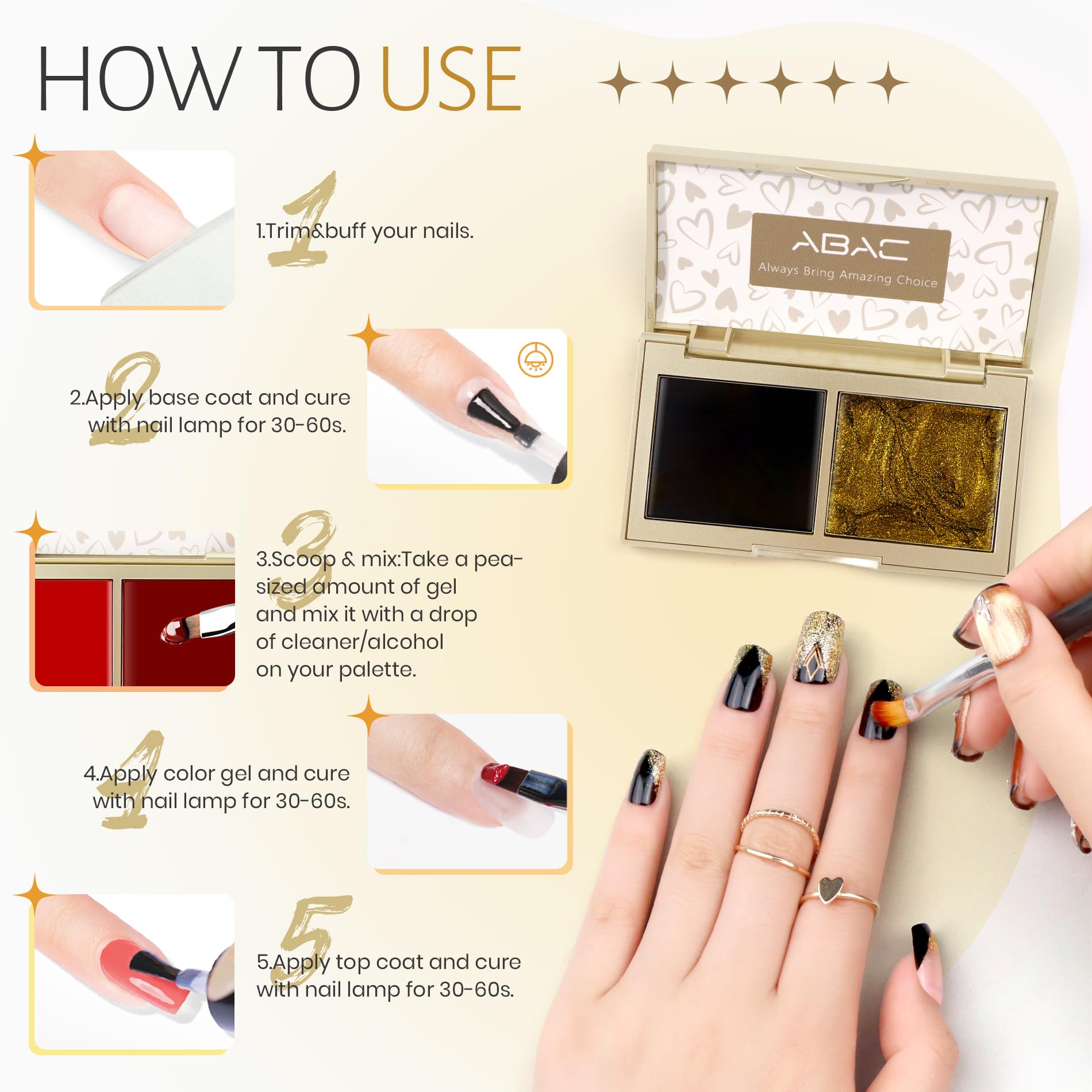 ABAC Solid Gel Nail Polish Set – Ombre Pat Painting Gel & Nail Art (Black & Glitter Dark Gold)