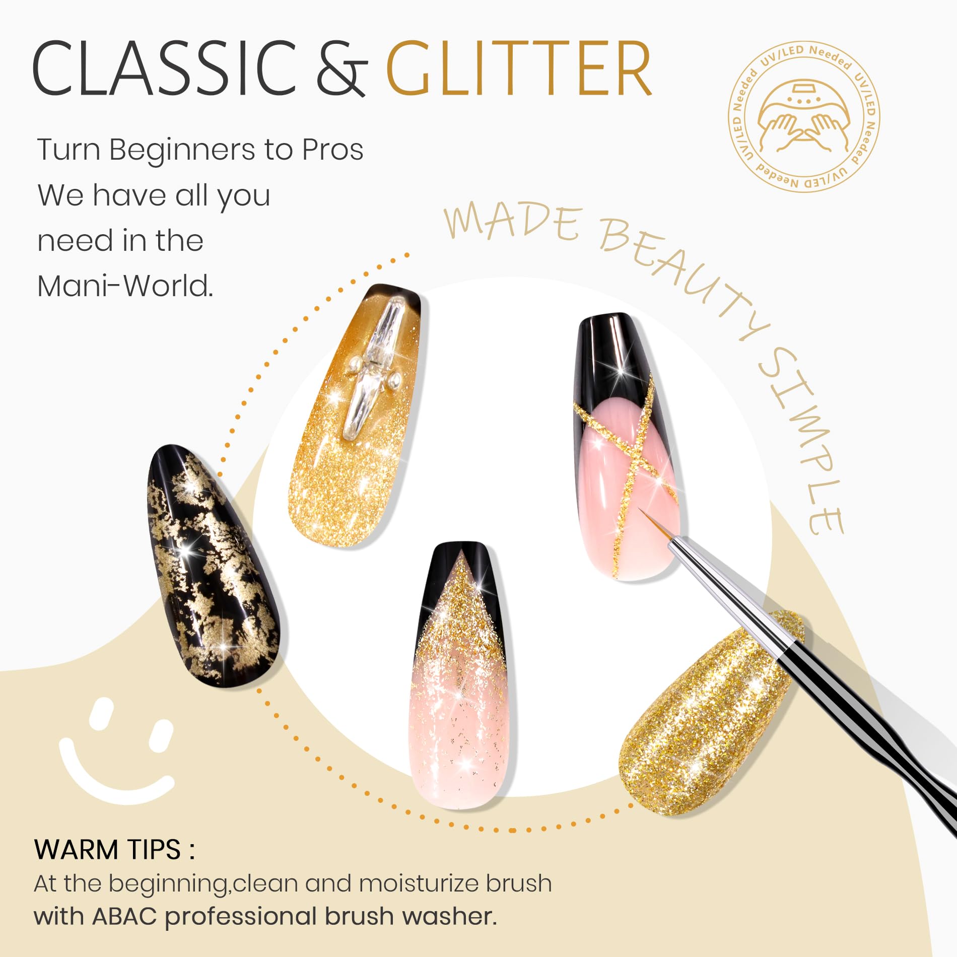 ABAC Solid Gel Nail Polish Set – Ombre Pat Painting Gel & Nail Art (Black & Glitter Dark Gold)