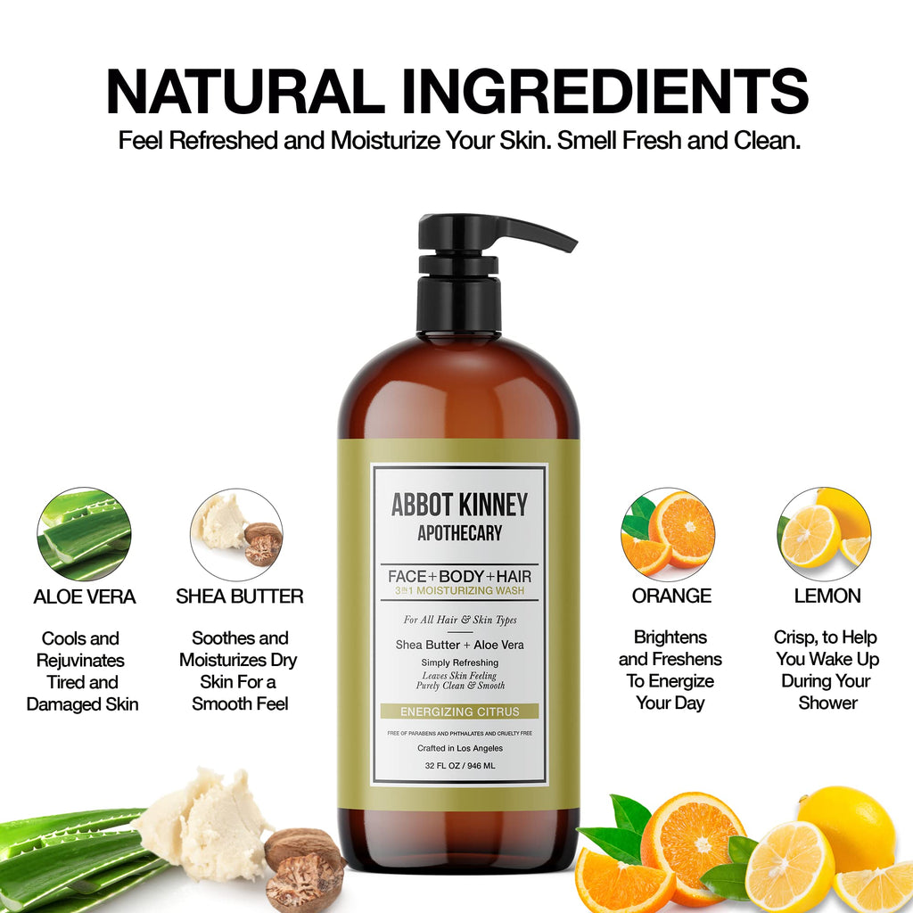 ABBOT KINNEY APOTHECARY Men's 3-in-1 Wash: Shampoo, Conditioner & Body Wash in Energizing Citrus – 32 oz (3 Pack)