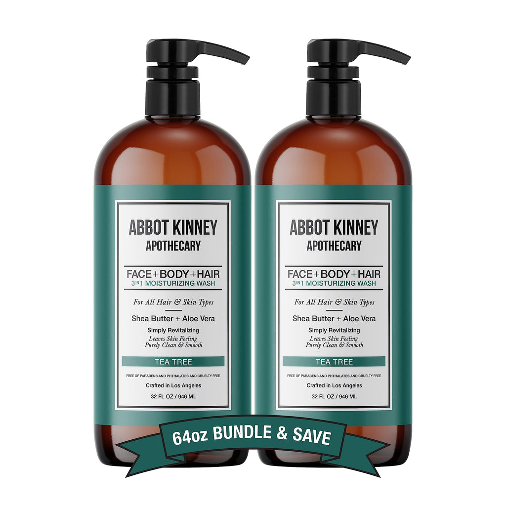 ABBOT KINNEY APOTHECARY Men's Tea Tree 3-in-1 Wash – Shampoo, Conditioner & Body Wash, 32oz (2-Pack)