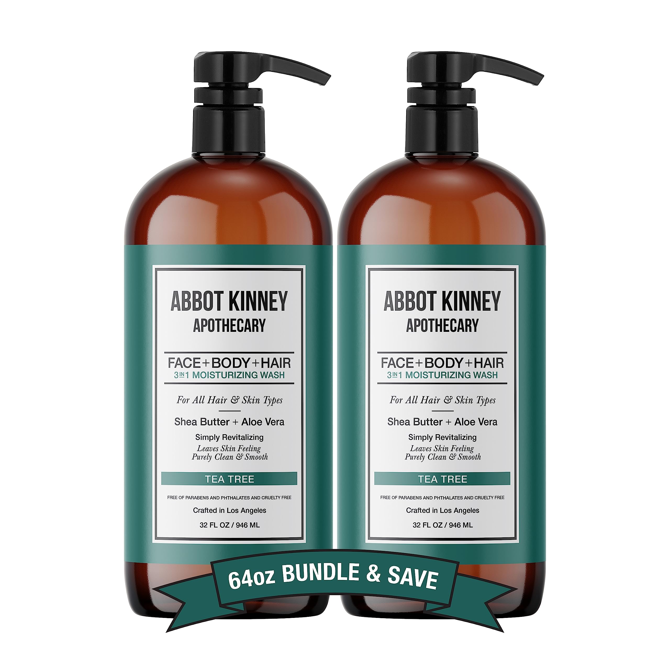 ABBOT KINNEY APOTHECARY Men's Tea Tree 3-in-1 Wash – Shampoo, Conditioner & Body Wash, 32oz (2-Pack)