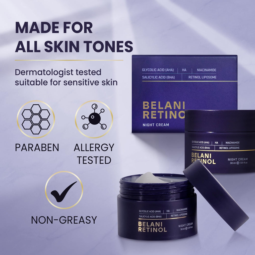 ABERA Belani Retinol Night Cream with Collagen & Hyaluronic Acid – Anti-Wrinkle, Fine Line Smoother, Hydrating Facial Moisturizer for Women (1.01 Fl Oz)