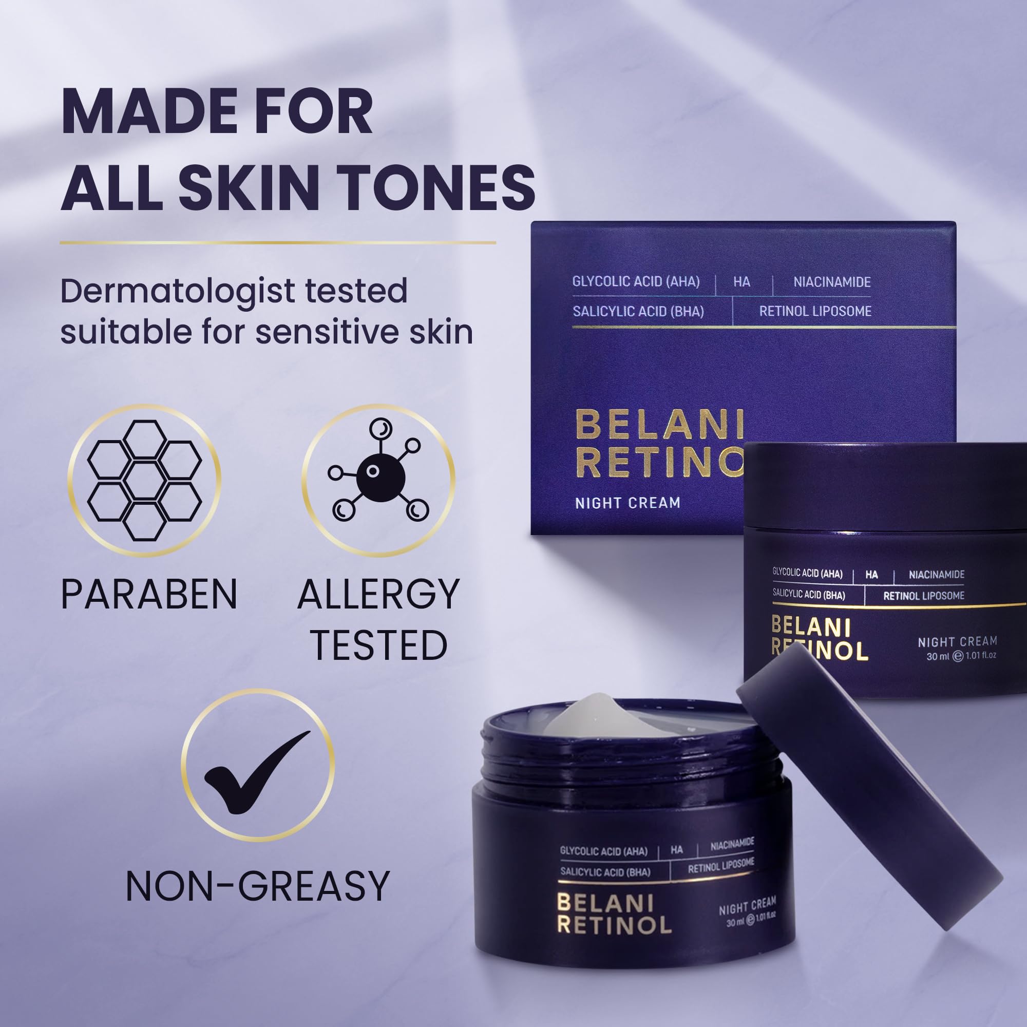 ABERA Belani Retinol Night Cream with Collagen & Hyaluronic Acid – Anti-Wrinkle, Fine Line Smoother, Hydrating Facial Moisturizer for Women (1.01 Fl Oz)