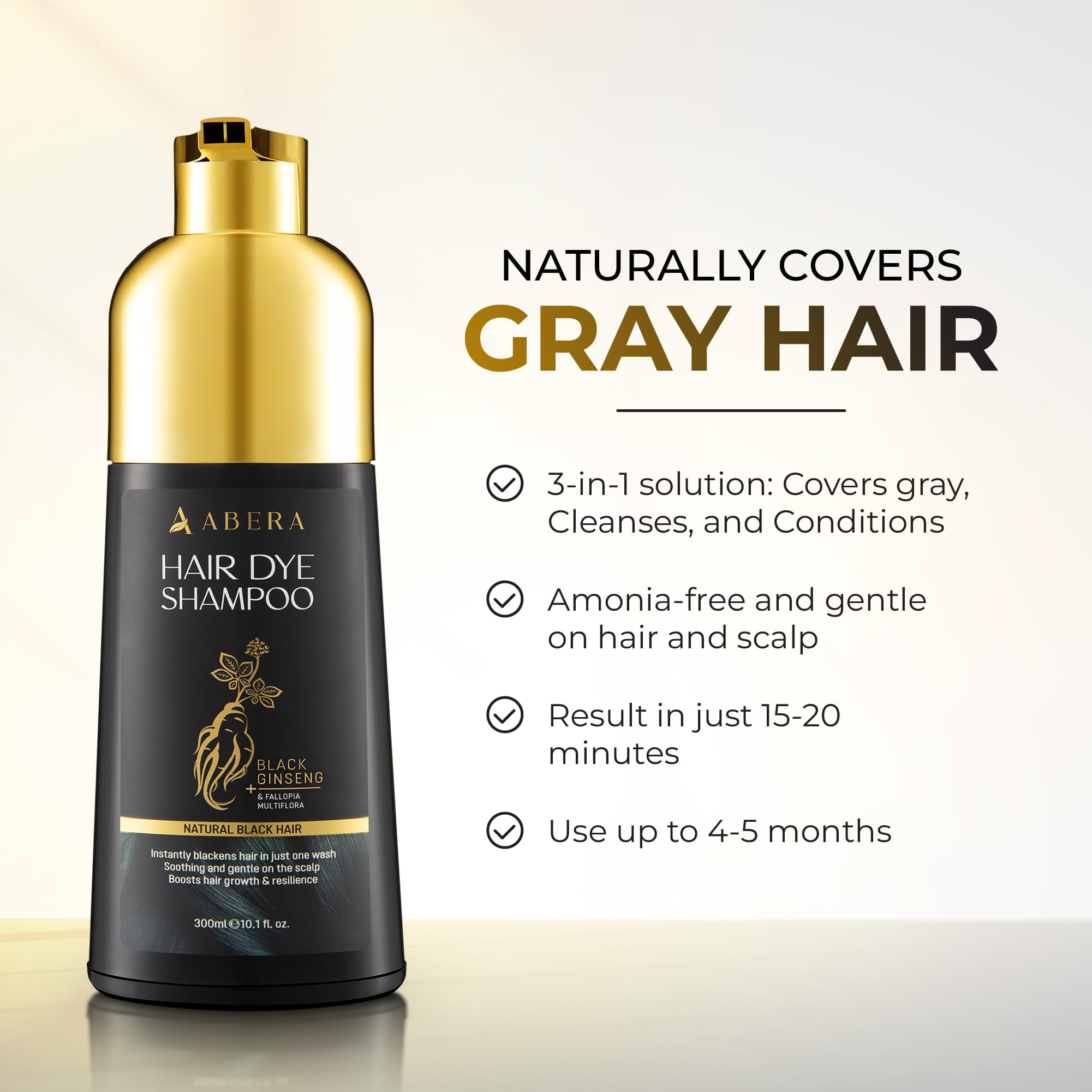 ABERA Hair Dye Shampoo – Black Hair Color for Grey Coverage | One-Wash Treatment (10.1 fl oz)