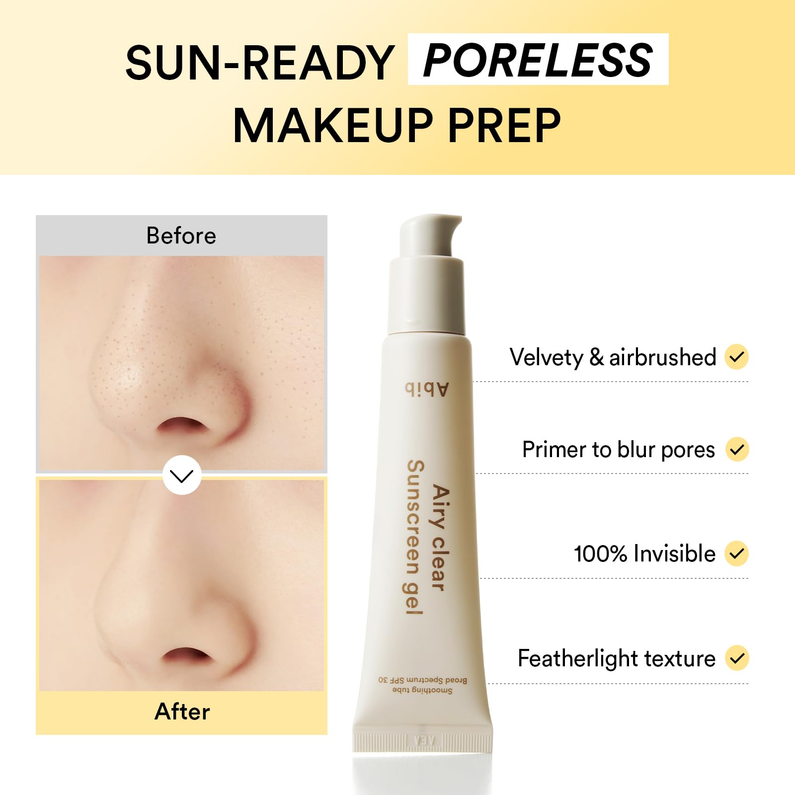 Abib Airy Clear Sunscreen Gel SPF30 – Semi-Matte, No White Cast, Pore-Refining Primer