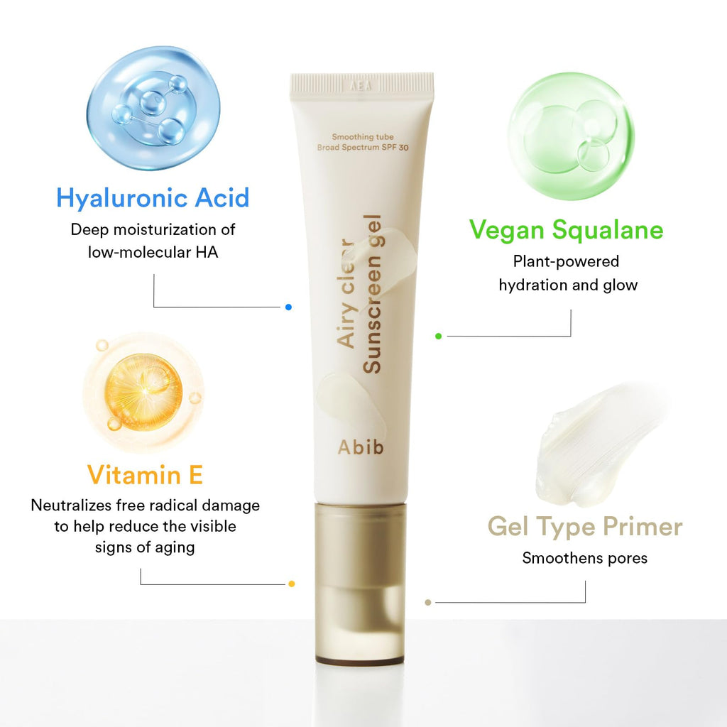 Abib Airy Clear Sunscreen Gel SPF30 – Semi-Matte, No White Cast, Pore-Refining Primer