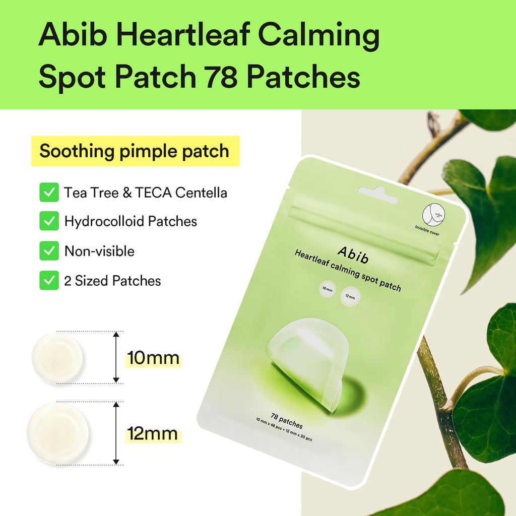 Abib Heartleaf Calming Spot Patch – 78 Patches, Invisible & Waterproof, Two Sizes (10mm/12mm)