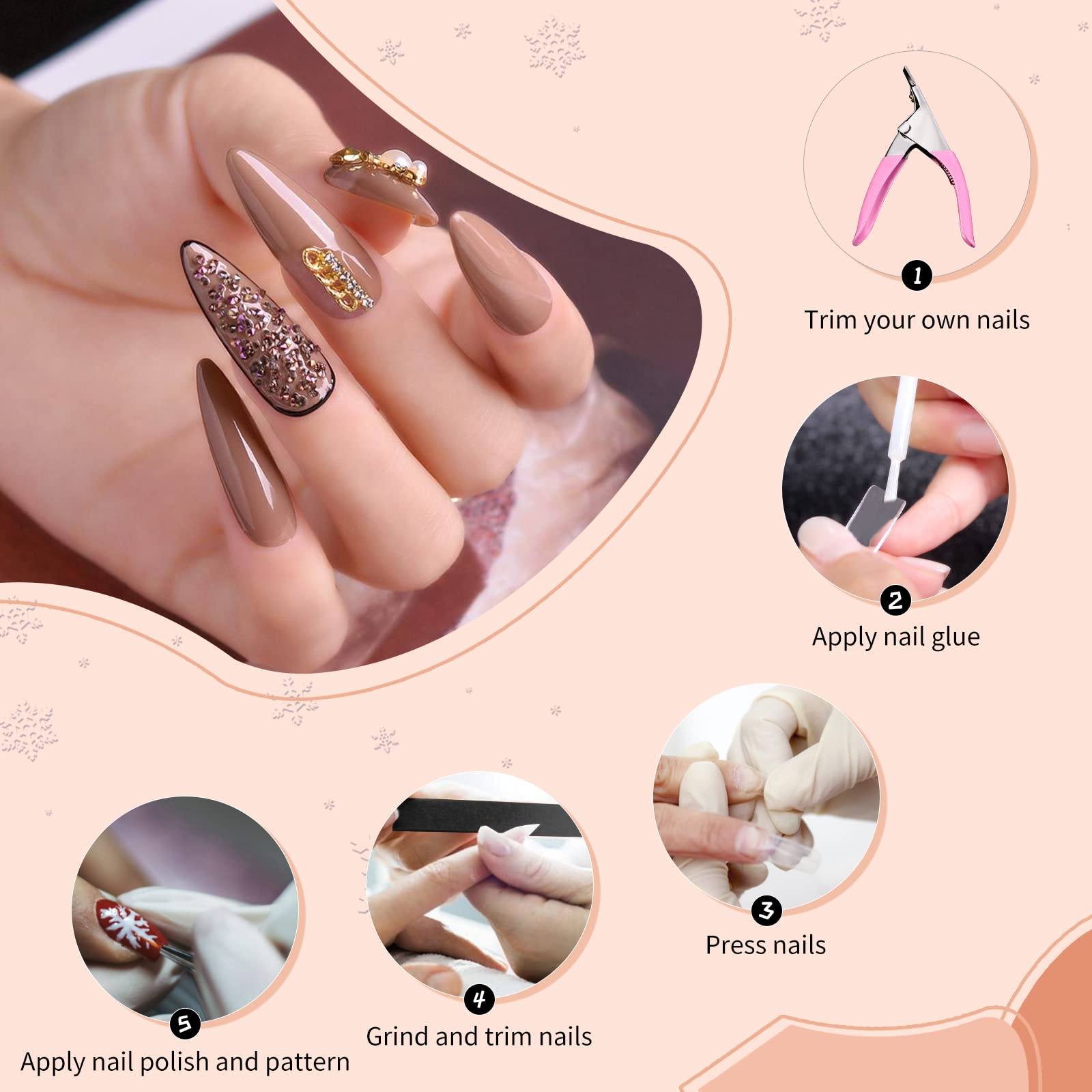 Abodhu Acrylic Nail Tips Kit 500 Pcs – Coffin Half Cover Nails with Glue, Files, Clip & Case