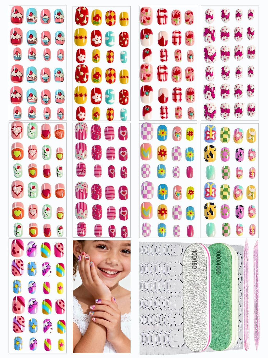 ABOLINE 229PCS Press On Nails Kit for Girls – 12 Sizes, 9 Styles, Glue-On Nails