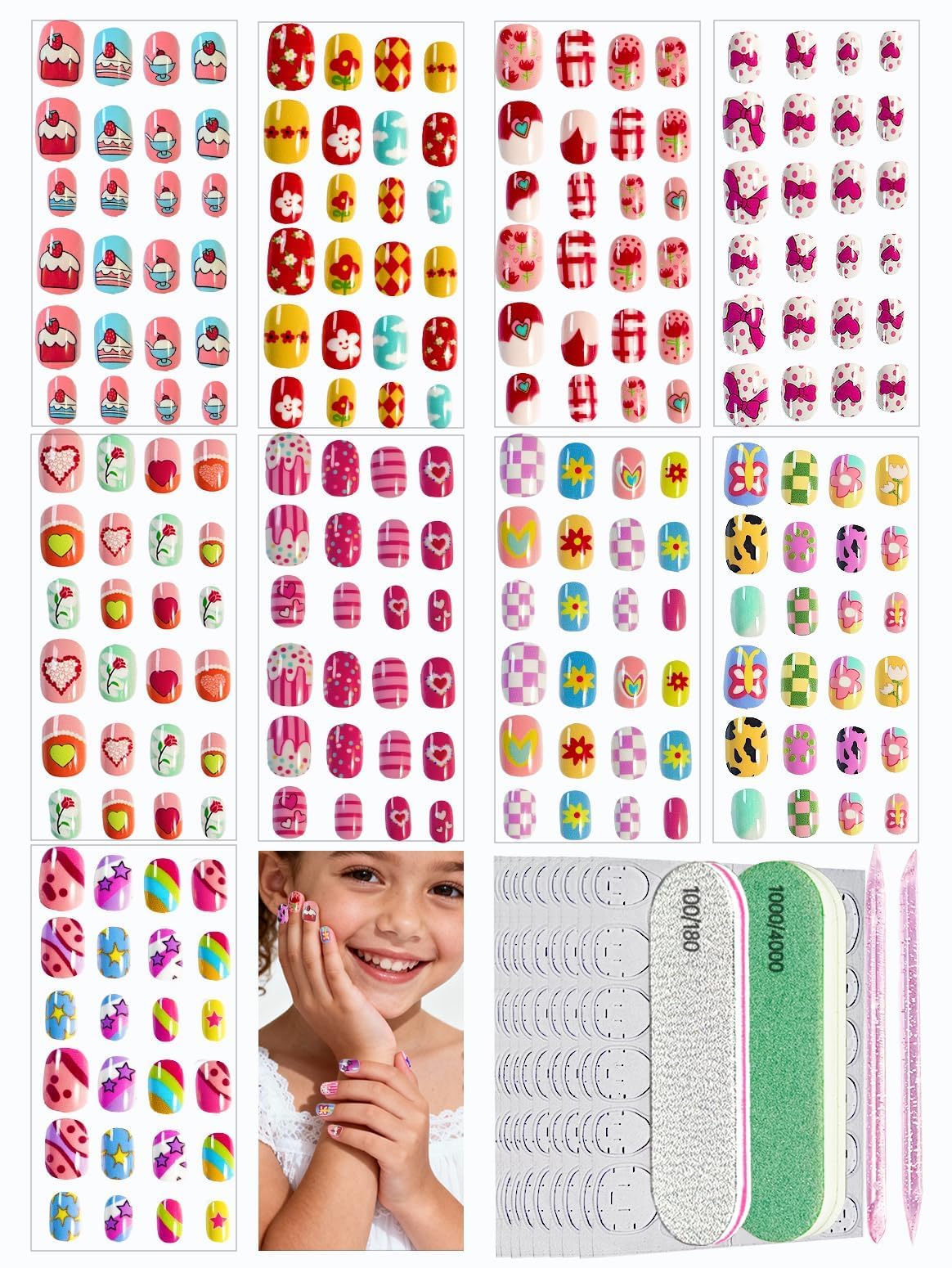 ABOLINE 229PCS Press On Nails Kit for Girls – 12 Sizes, 9 Styles, Glue-On Nails