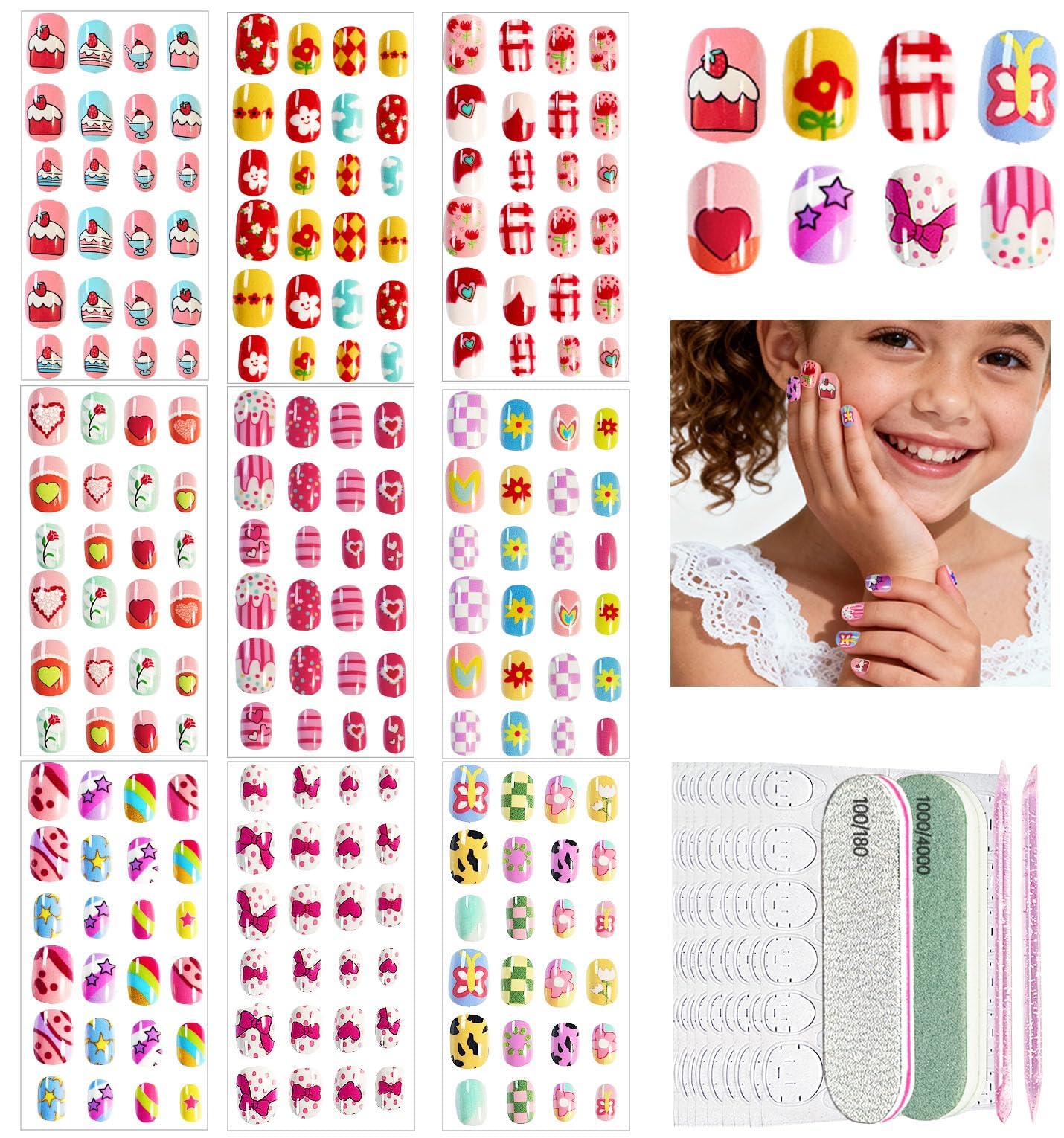 ABOLINE 229PCS Press On Nails Kit for Girls – 12 Sizes, 9 Styles, Glue-On Nails