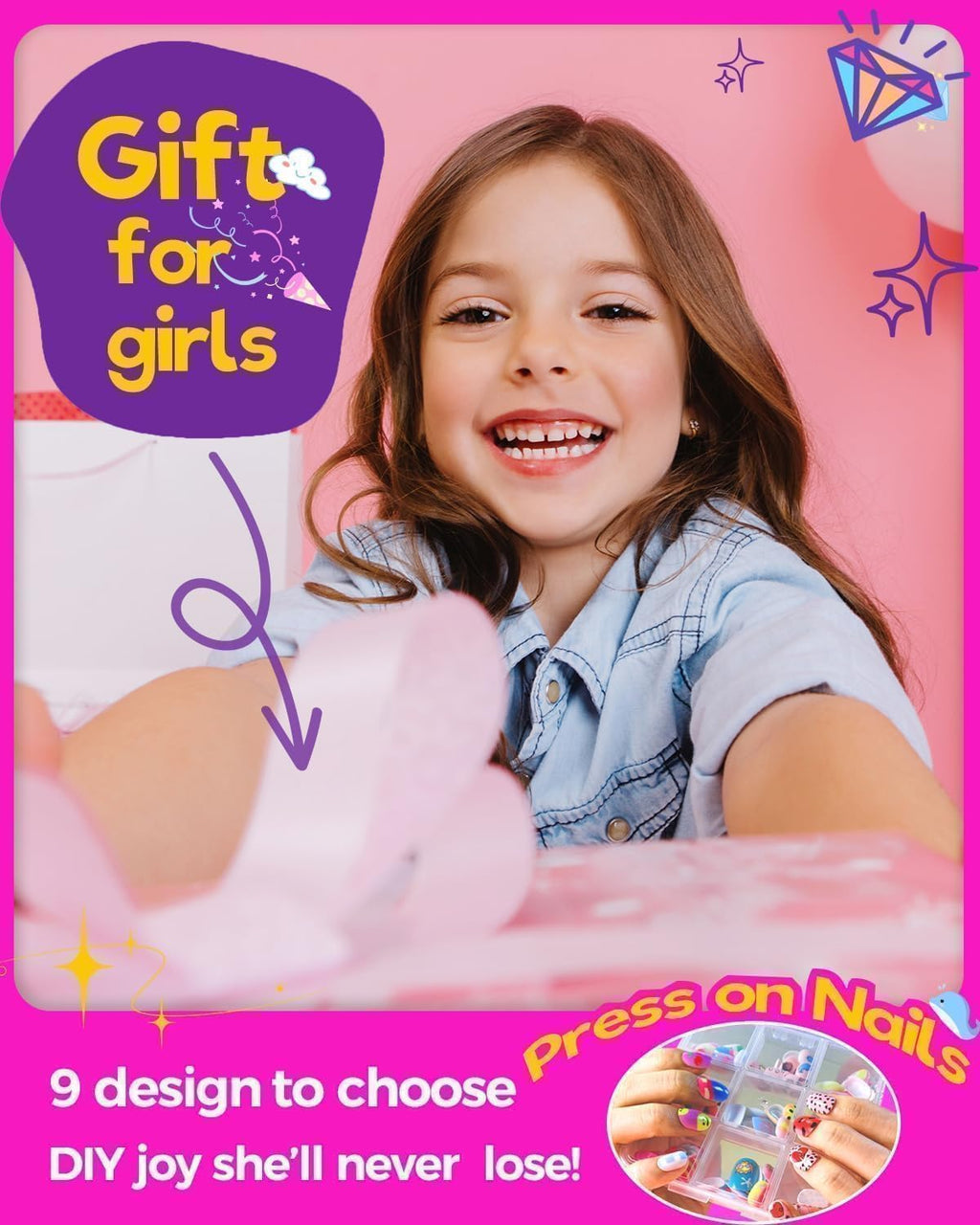 ABOLINE 229PCS Press On Nails Kit for Girls – 12 Sizes, 9 Styles, Glue-On Nails