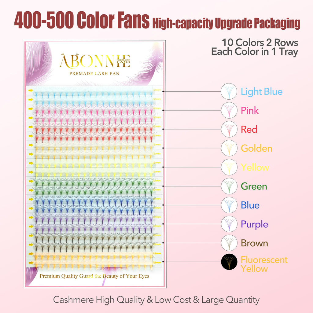 ABONNIE Colored Premade Lash Fans – 400pcs Tray, 6D 16mm, D Curl, 10-Color Mix