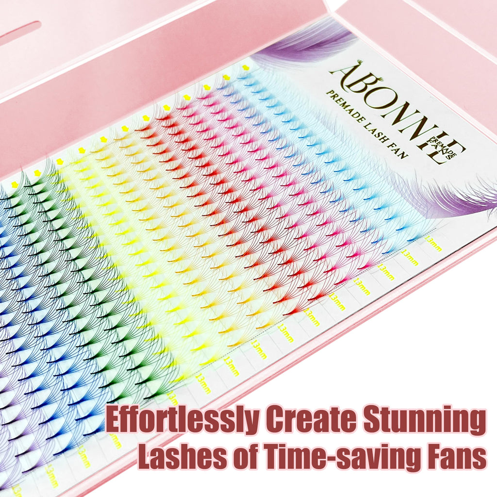 ABONNIE Colored Premade Lash Fans – 400pcs Tray, 6D 16mm, D Curl, 10-Color Mix