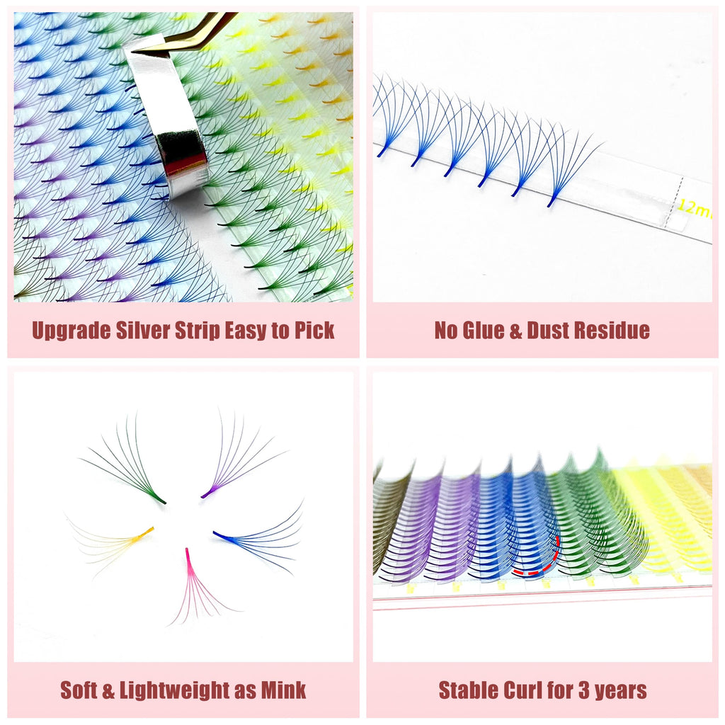ABONNIE Colored Premade Lash Fans – 400pcs Tray, 6D 16mm, D Curl, 10-Color Mix