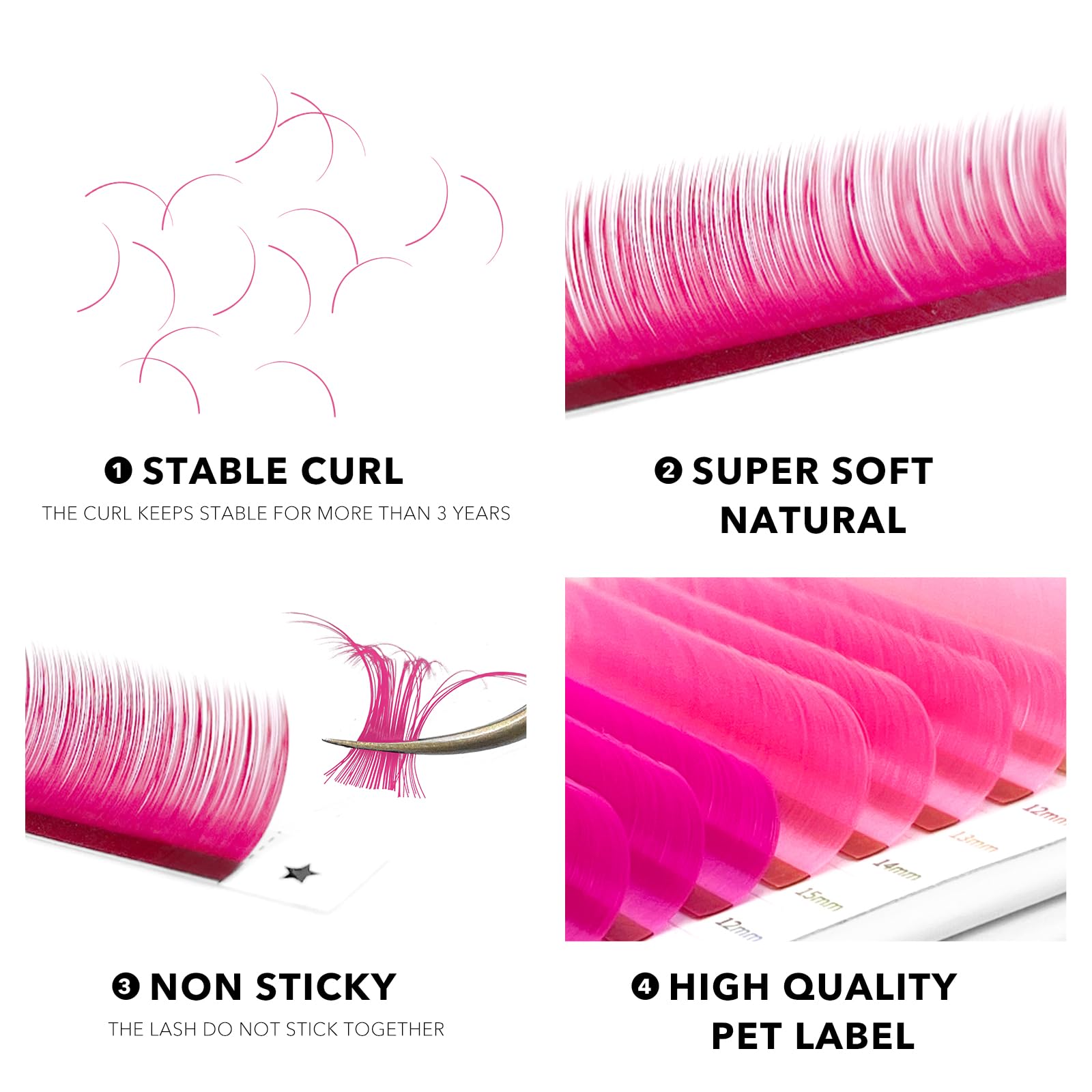 ABONNIE Colored Lash Extensions – 16 Rows Cashmere Lashes, 0.07D Curl, 15mm, Pink Gradient