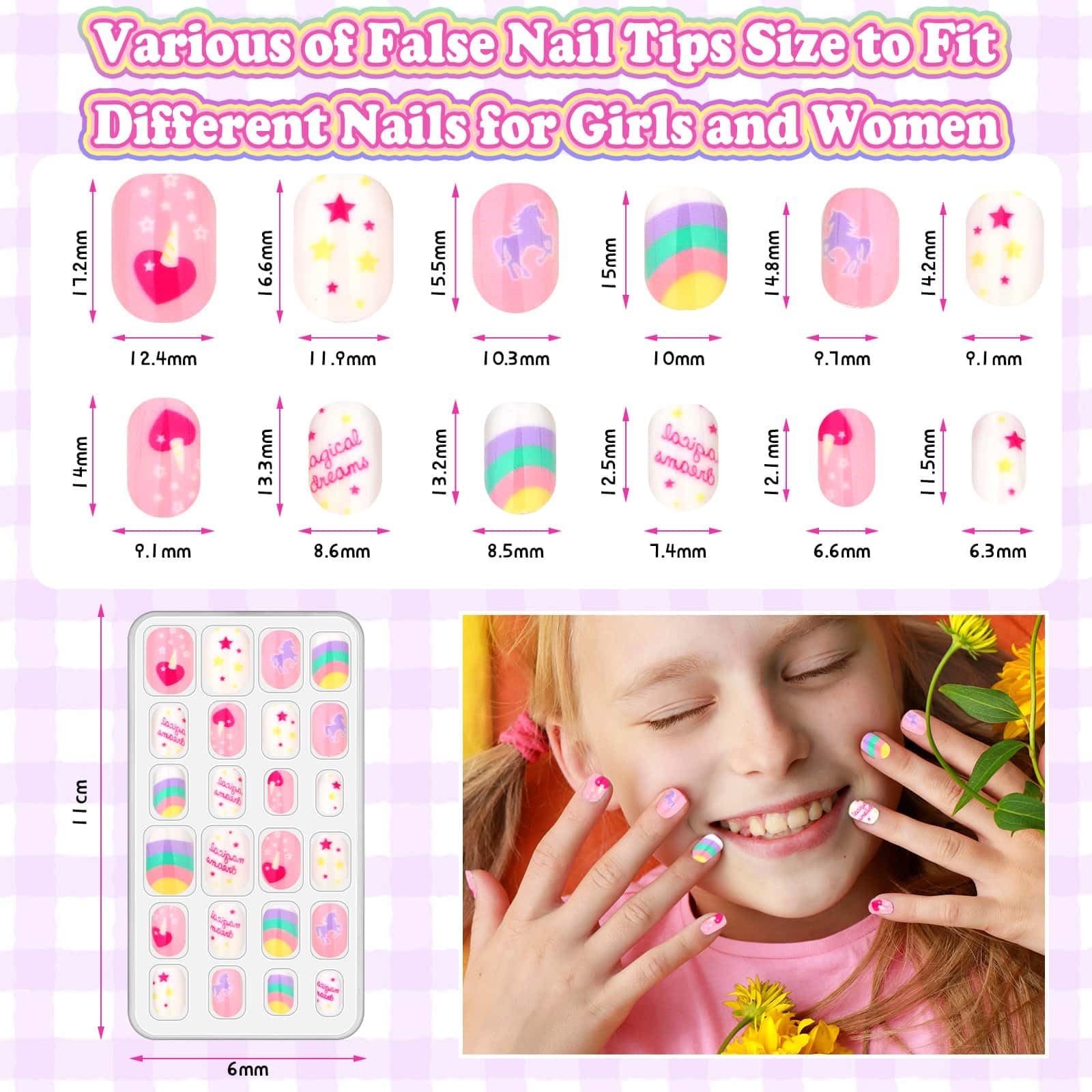 Acejoz 144-Pcs Kids Press-On Nails Kit with Glue, Tips & Gift Set for Girls 8-12