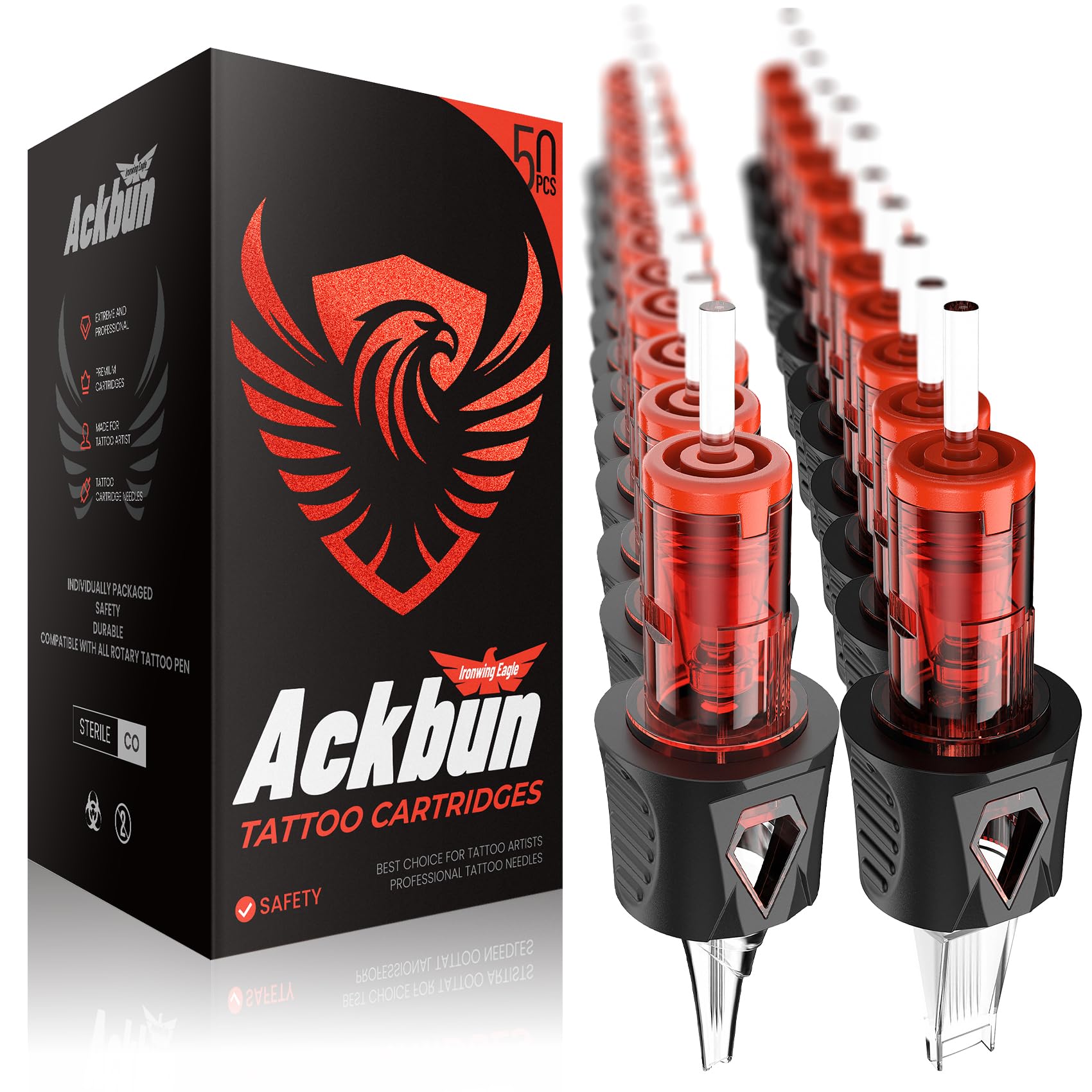 Ackbun 50 Pack Tattoo Cartridge Needles – Mixed Sizes with Finger Ledge