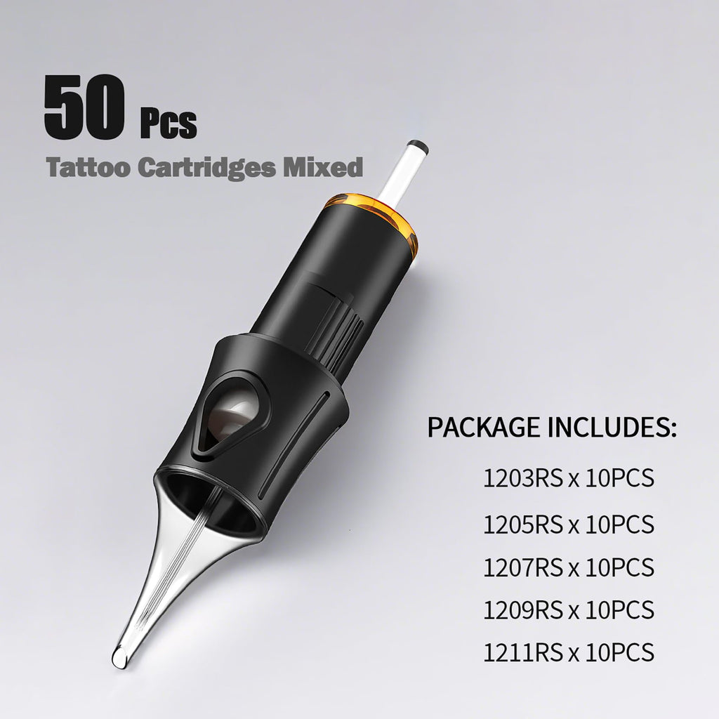 Ackbun 50 12RS Mixed Tattoo Cartridge Needles – 10Pcs Each (3RS/5RS/7RS/9RS/11RS) | Sterilized & Individually Packaged