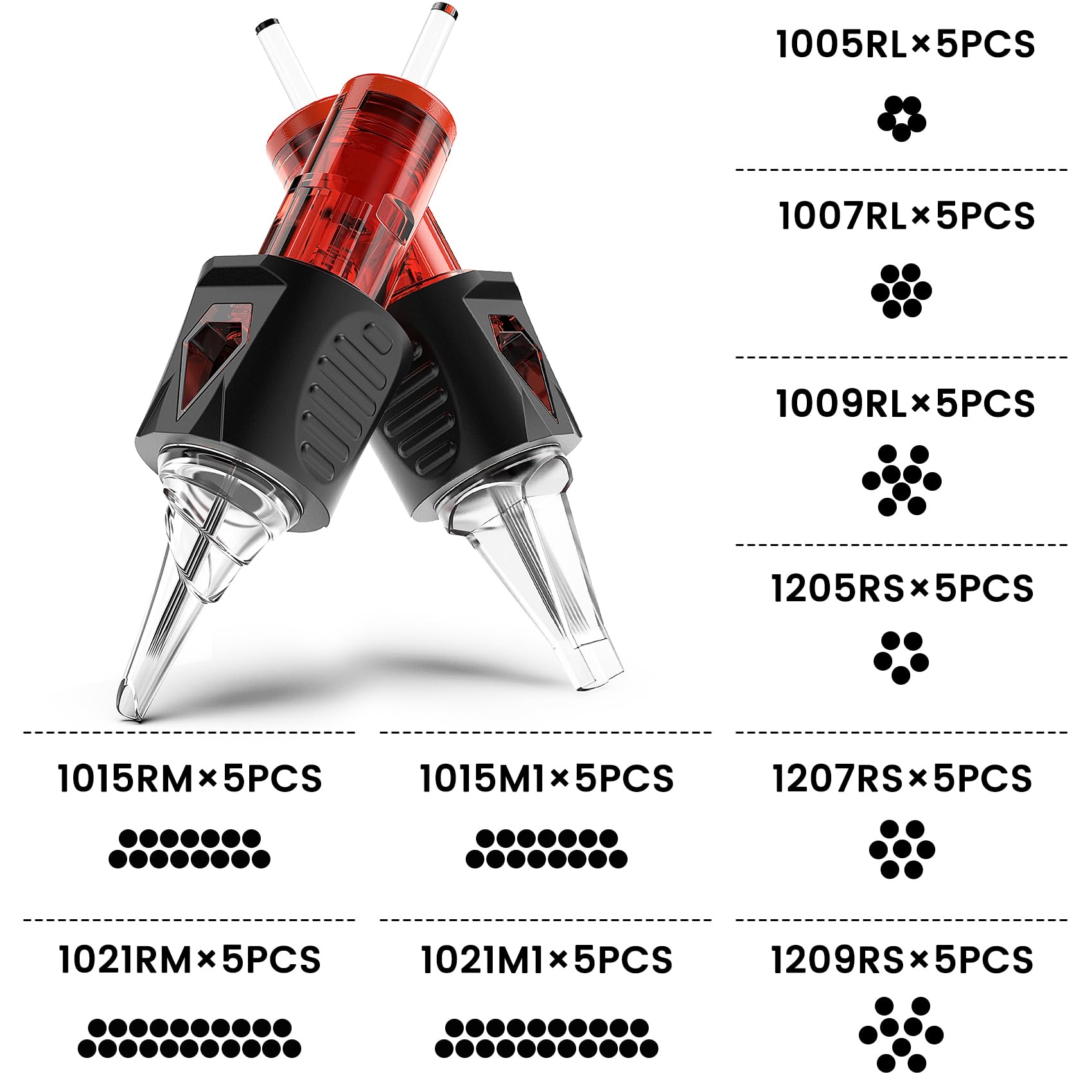 Ackbun 50 Pack Mixed Size Tattoo Needle Cartridges — Finger Ledge, Membrane, Stainless Steel