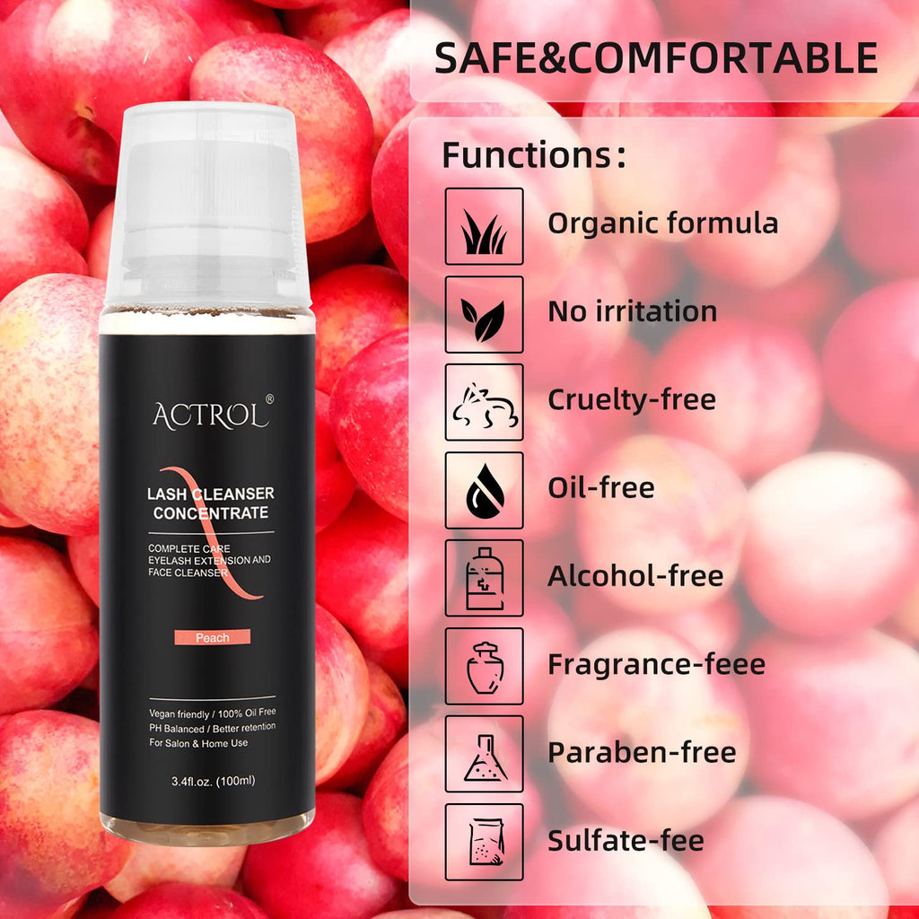 ACTROL Eyelash Cleanser Concentrate 100ml – Peach Foaming Lash Shampoo for Extensions