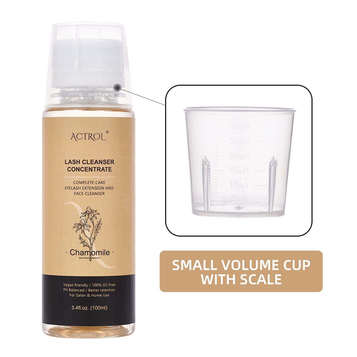 ACTROL Eyelash Cleanser Concentrate 100ml – Chamomile Foaming Lash Shampoo for Extensions (Paraben & Sulfate Free, Makes 20 Bottles)