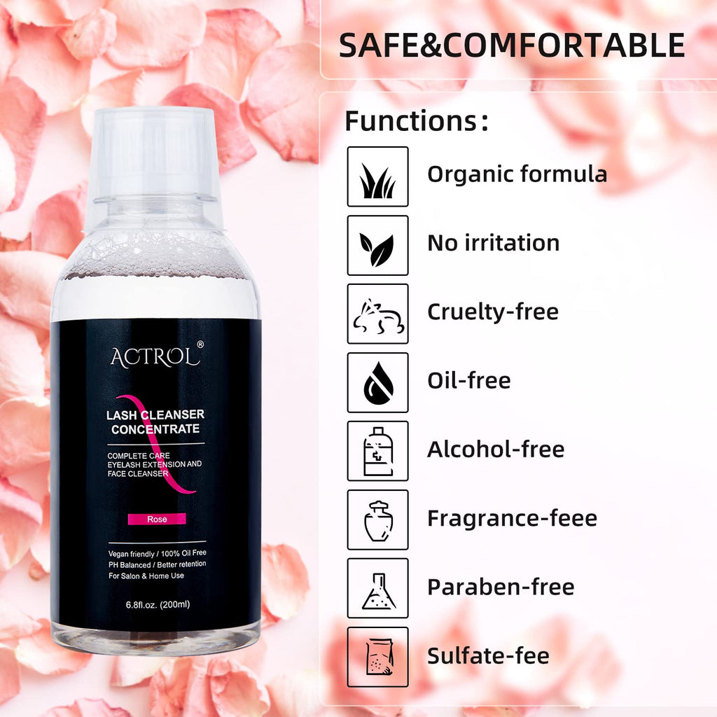ACTROL Eyelash Cleanser Concentrate 200ml – Rose Foaming Lash Shampoo for Extensions (DIY, Makes 40 Bottles)
