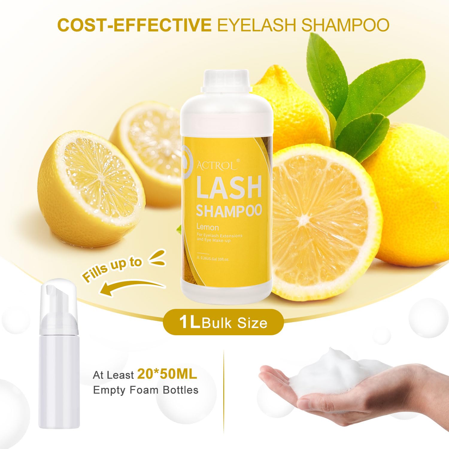 ACTROL Eyelash Extension Cleanser Lemon 1L – Gentle Foaming Lash Shampoo for Salon & Home