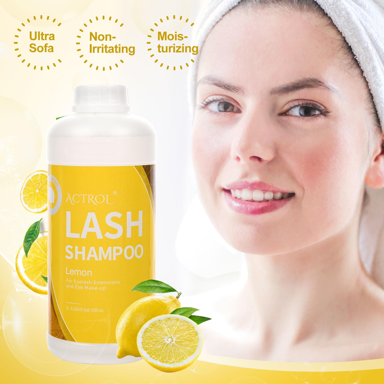 ACTROL Eyelash Extension Cleanser Lemon 1L – Gentle Foaming Lash Shampoo for Salon & Home