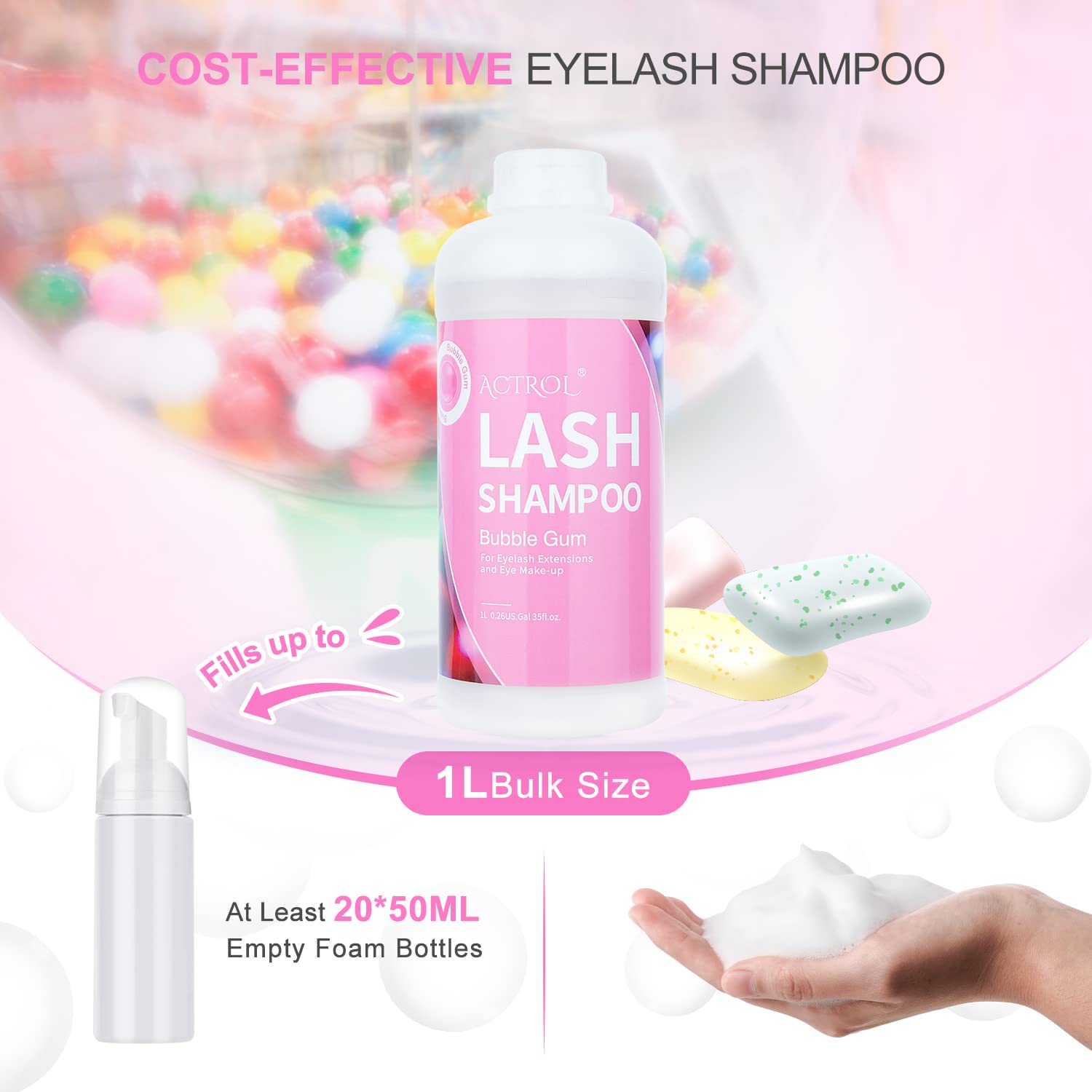 ACTROL Eyelash Extension Cleanser Bubble Gum 1L – Natural Lash Shampoo for Salon & Home Care