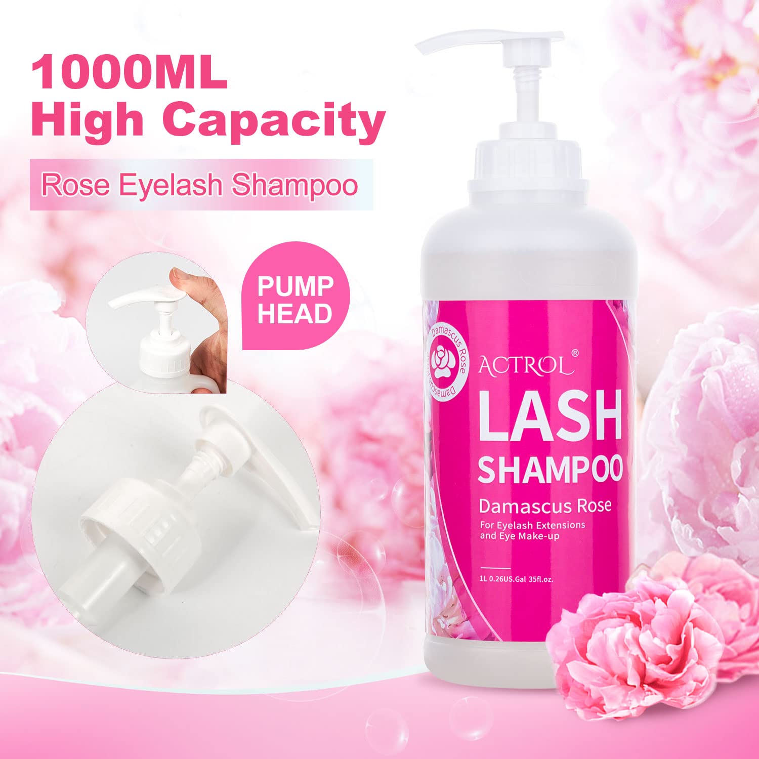 ACTROL Eyelash Extension Cleanser Rose 1L – Paraben & Sulfate Free, Professional Lash Shampoo