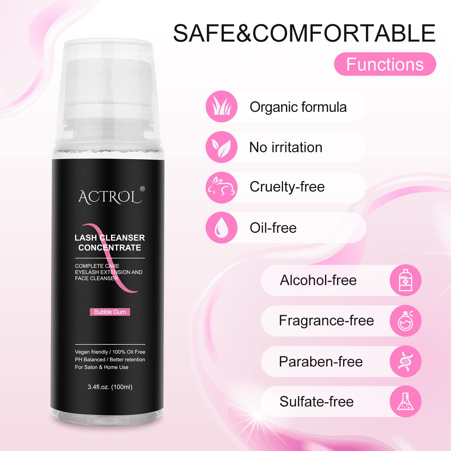 ACTROL Eyelash Cleanser Concentrate 100ml Bubble Gum – Foaming Lash Shampoo for Extensions (Makes 40 Bottles)