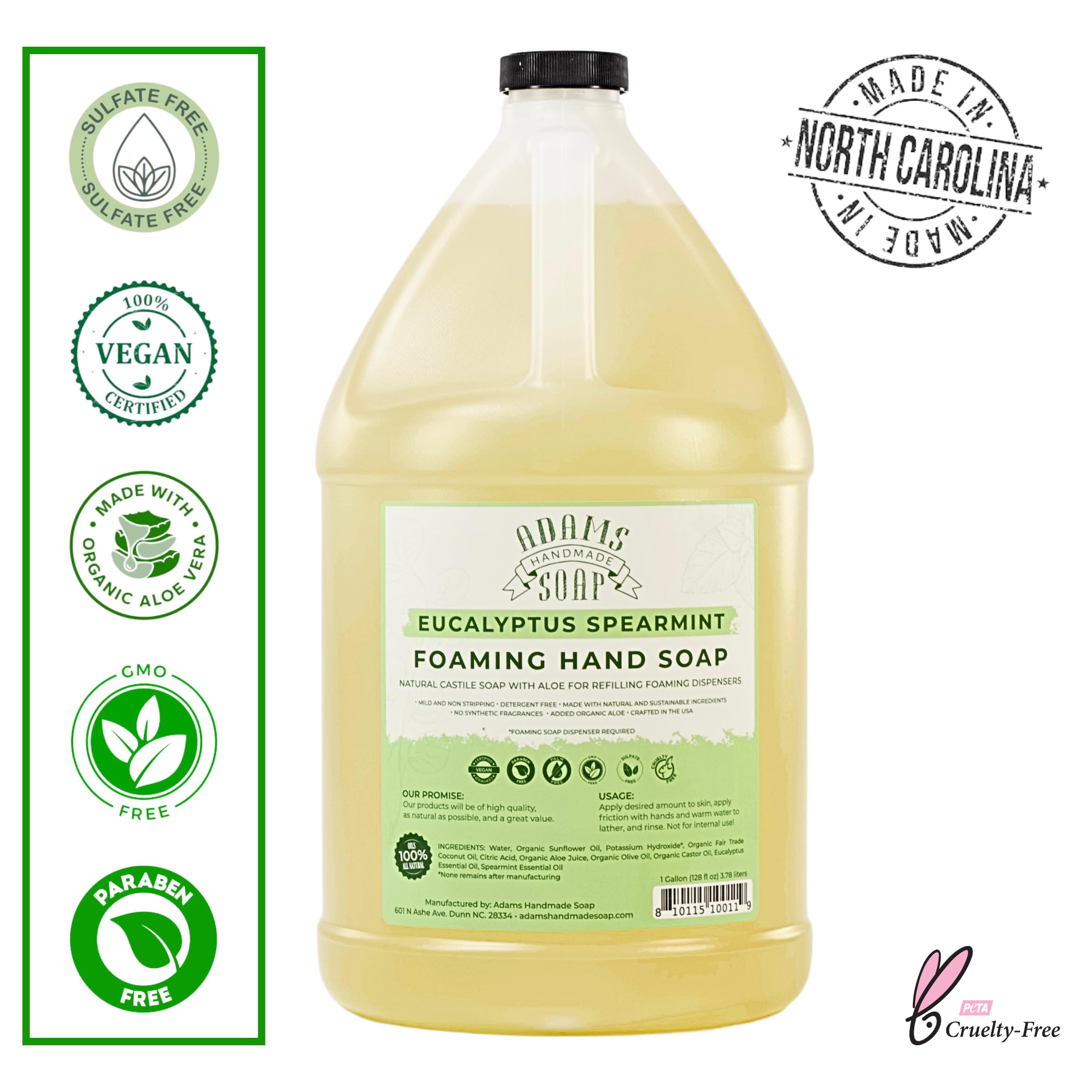 Adams Handmade Soap Liquid Foaming Soap 1 Gal – Eucalyptus Spearmint | Pre-Diluted Castile Soap
